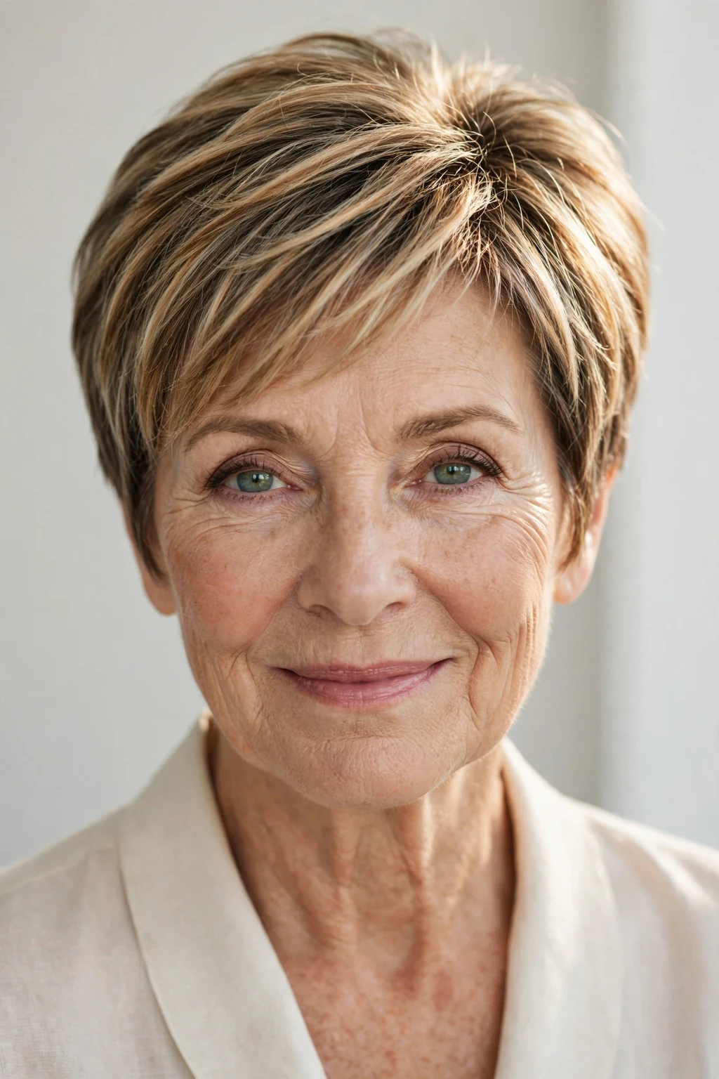 Elegant older woman with highlighted short hair, dimensional radiant color, luminous light.