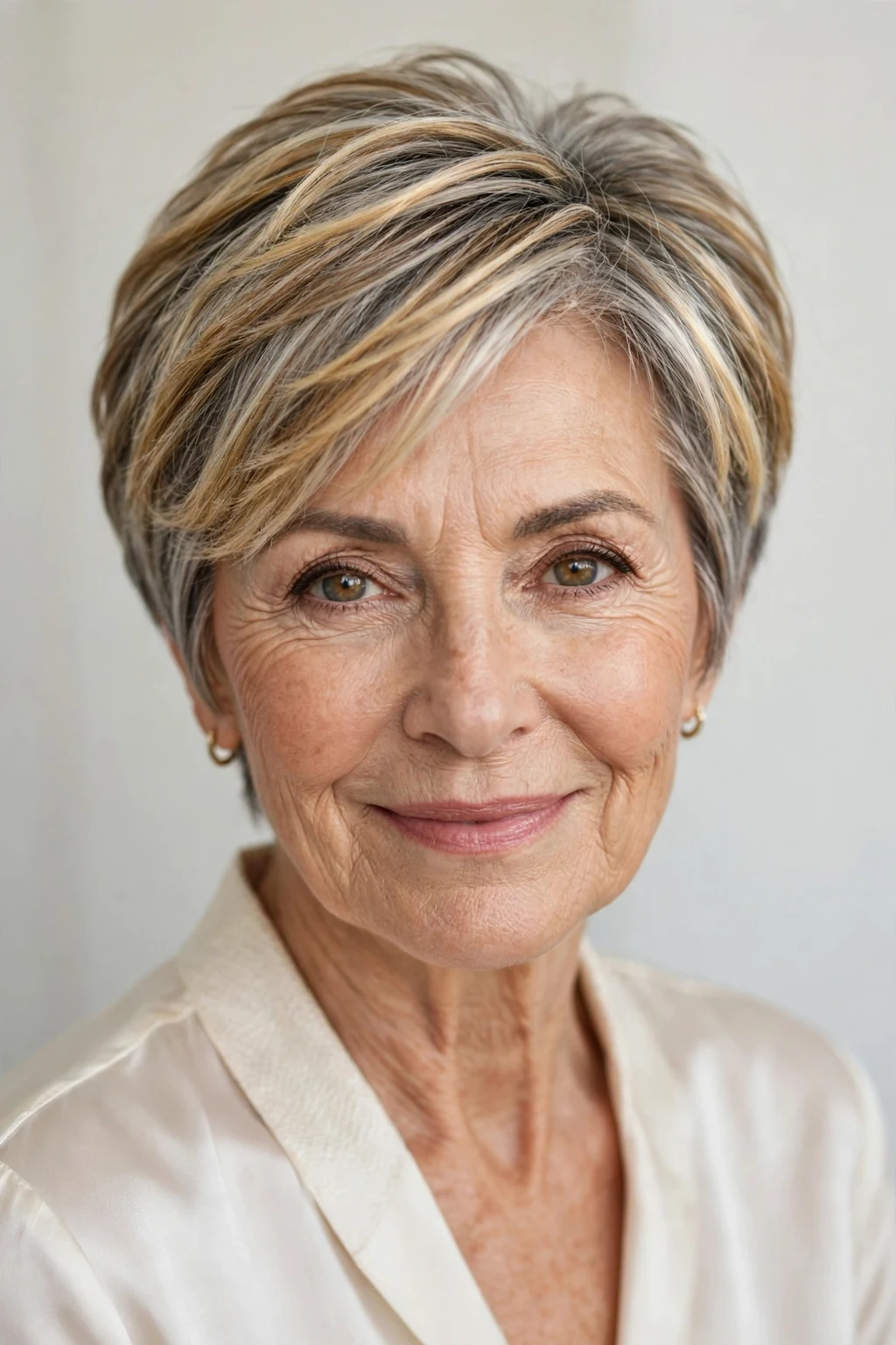 Elegant woman over 60 with highlighted short hair, dimensional radiant color, luminous light.