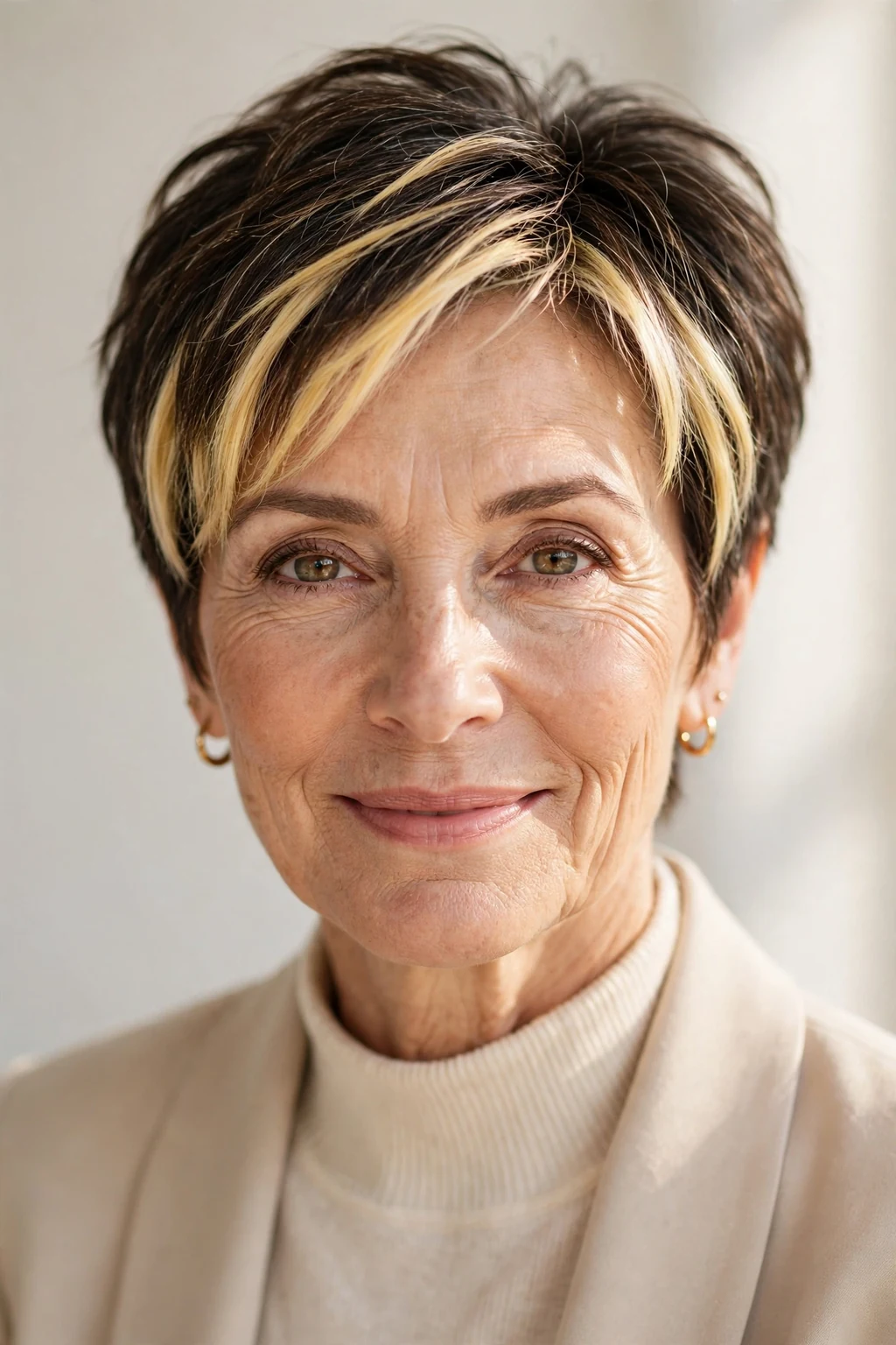 Elegant woman over 50 with short hair with money piece, bright face-framing color, radiant light.