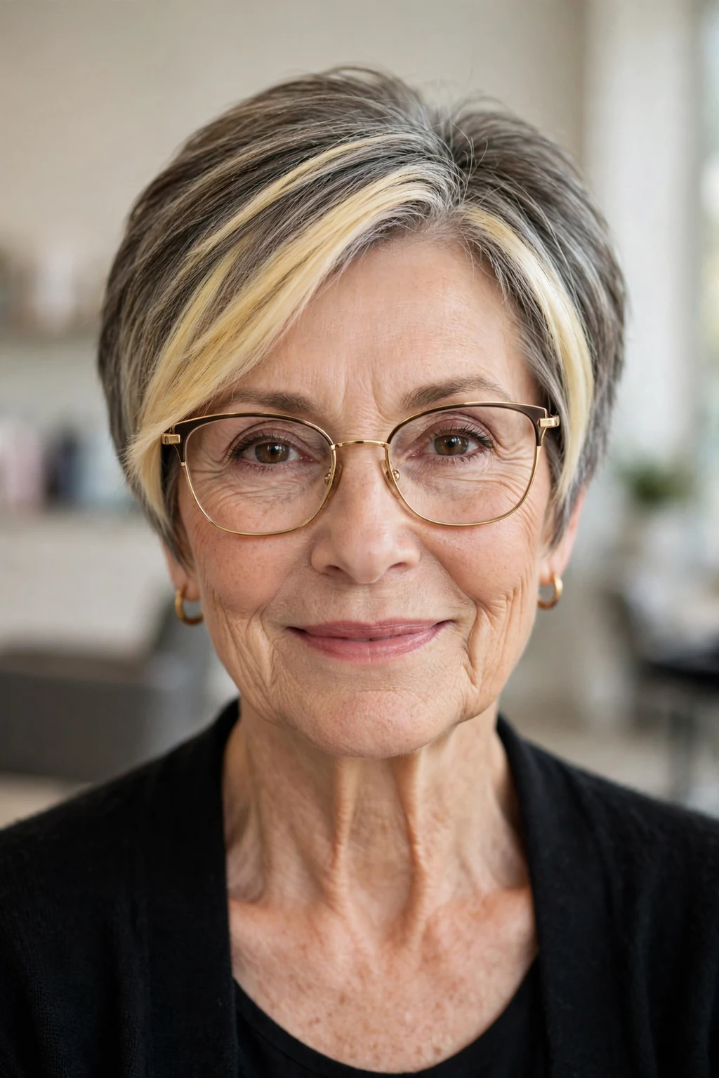Elegant woman over 60 with glasses and money piece short cut, bright face-framing color, radiant light.