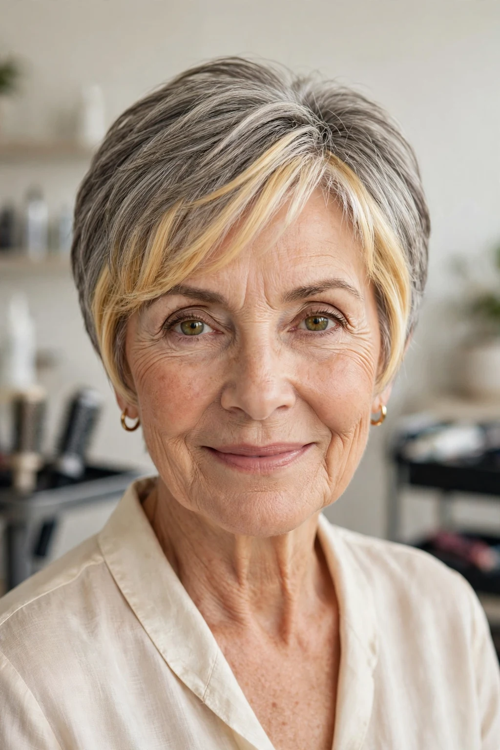 Elegant woman over 60 with short hair with money piece, bright face-framing color, radiant light.