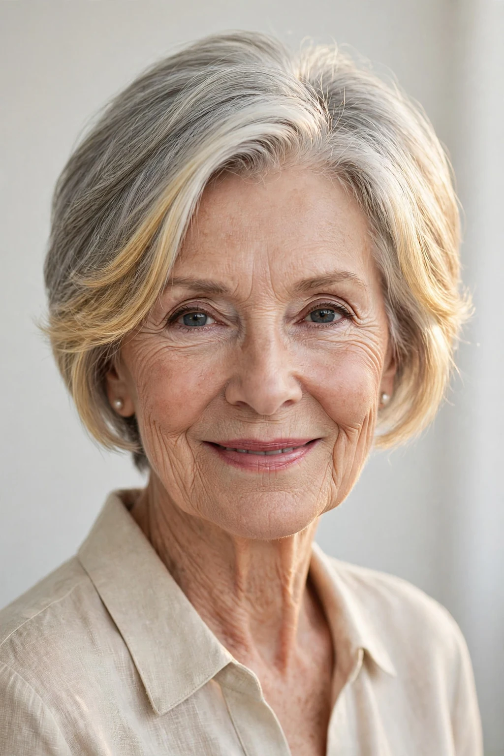 Elegant woman over 70 with short hair with money piece, bright face-framing color, radiant light.