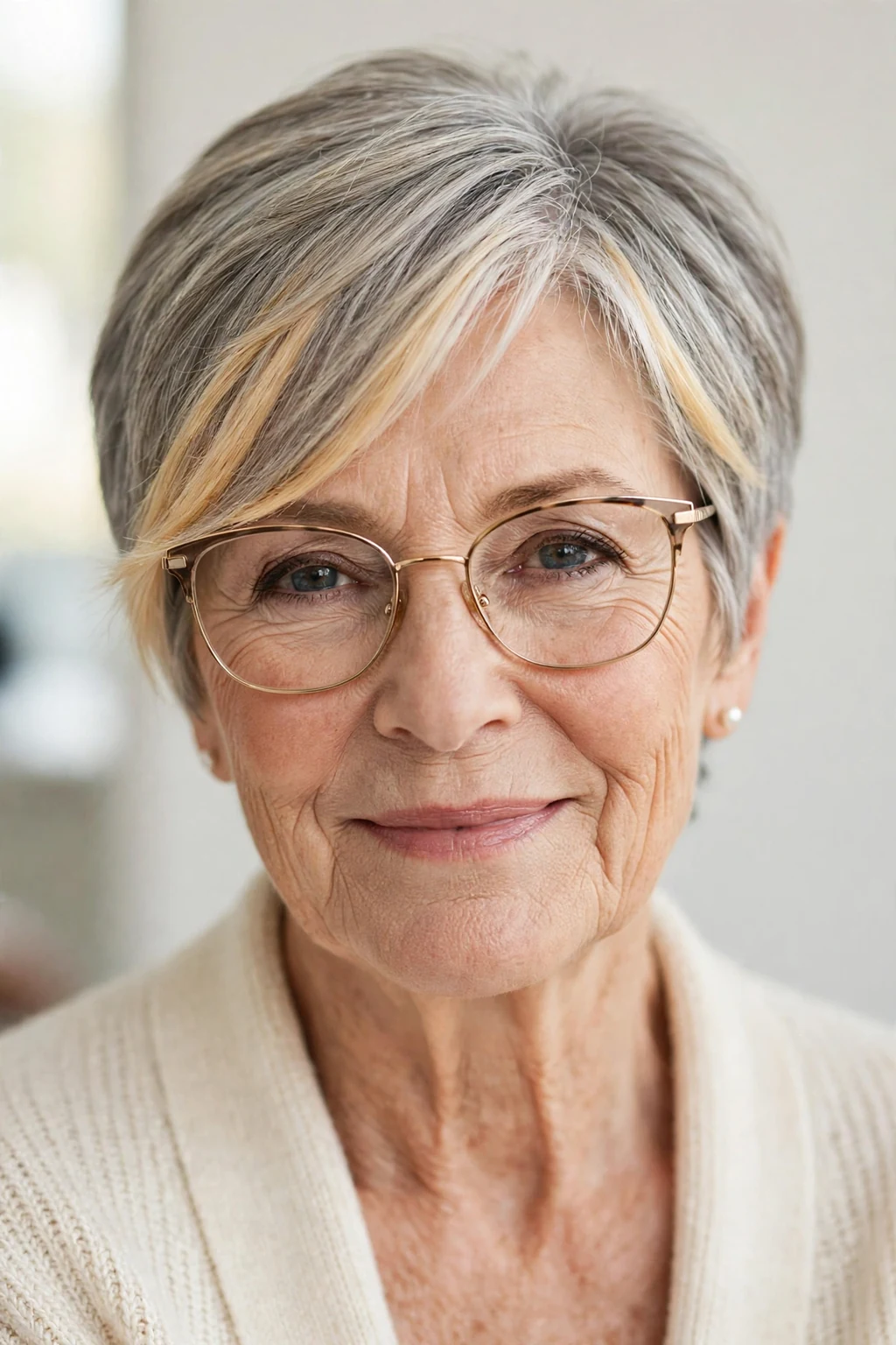Elegant woman over 70 with glasses and short hair with money piece, bright face-framing color, radiant light.