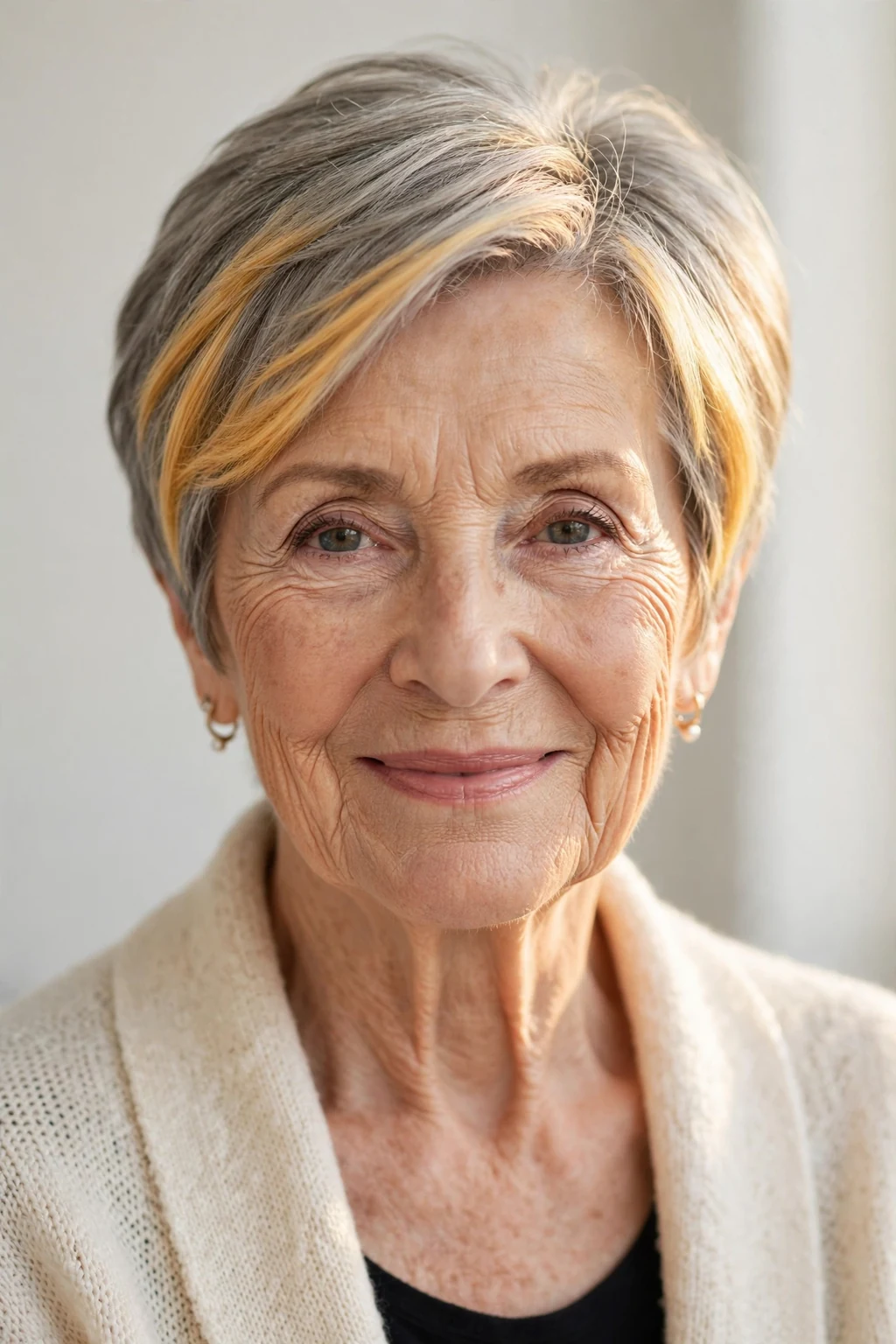 Elegant woman over 70 with money piece short cut, bright face-framing color, radiant light.