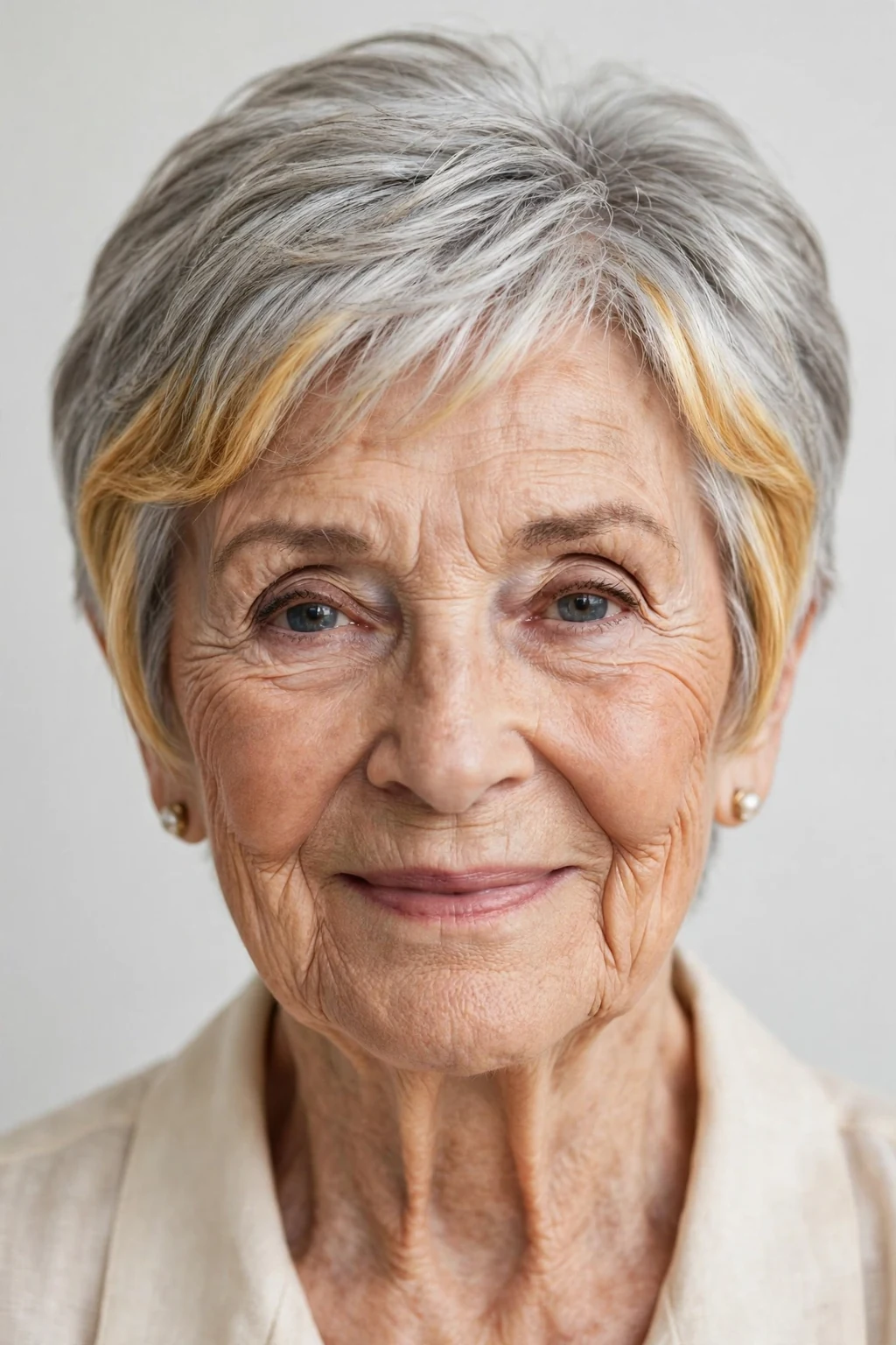 Elegant woman over 80 with short hair with money piece, bright face-framing color, radiant light.