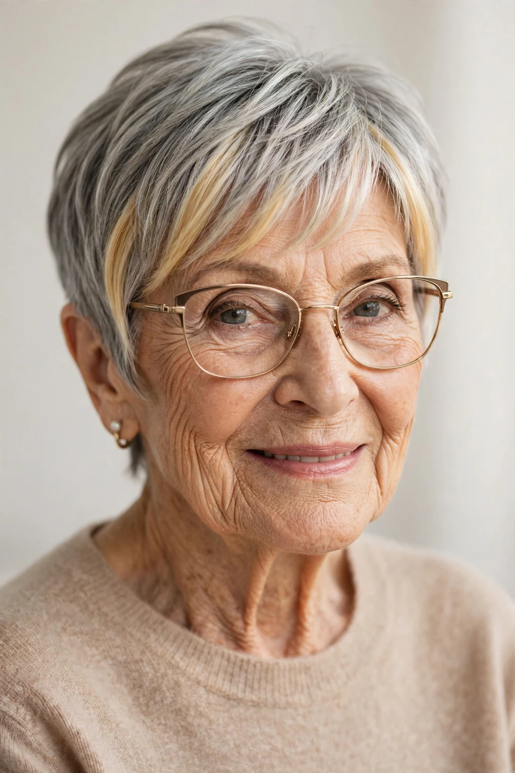 Elegant woman over 80 with glasses and short hair with money piece, bright face-framing color, radiant light.