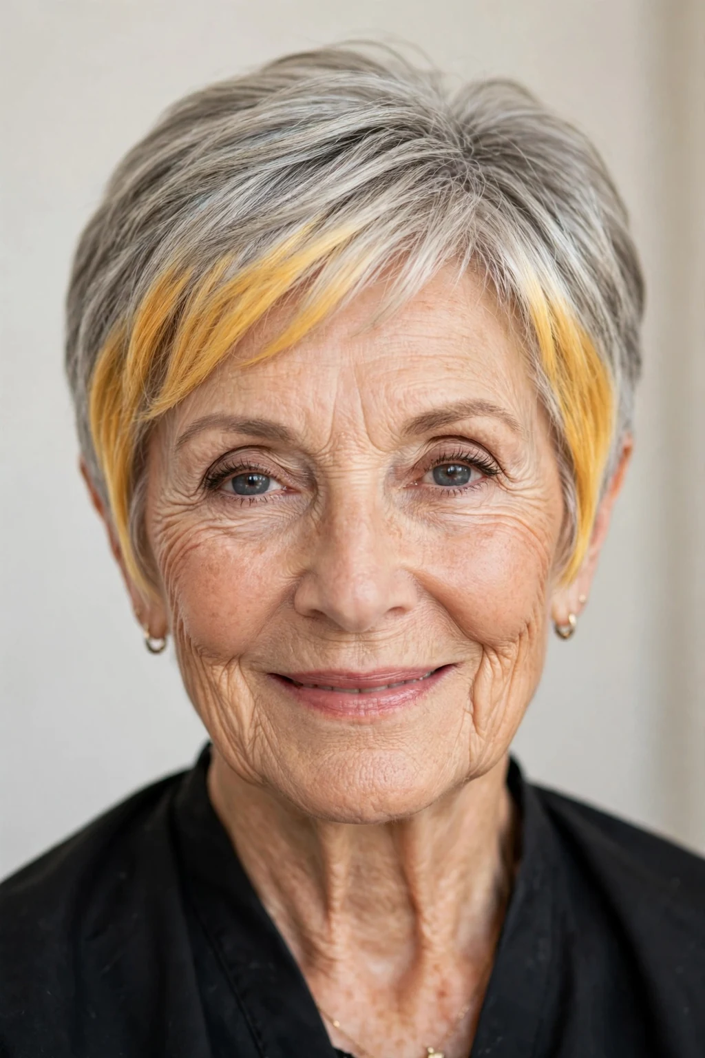 Elegant woman over 80 with money piece short cut, bright face-framing color, radiant light.