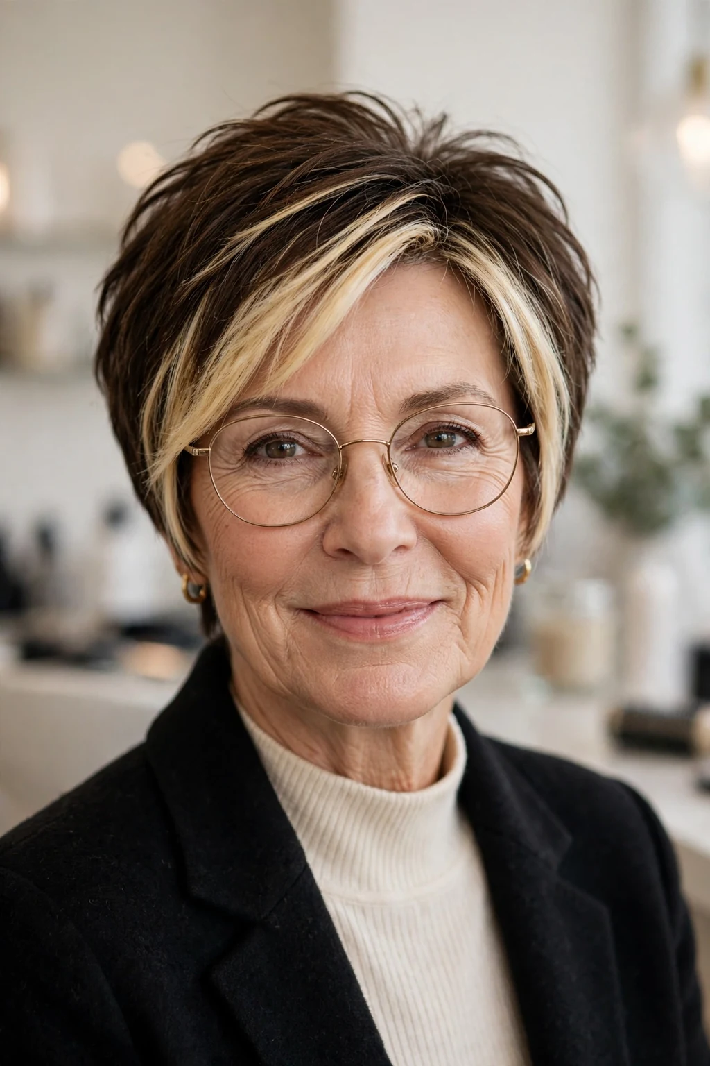 Elegant woman over 50 with glasses and short hair with money piece, bright face-framing color, radiant light.
