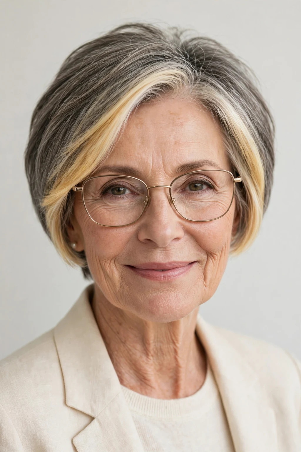 Elegant woman over 60 with glasses and short hair with money piece, bright face-framing color, radiant light.