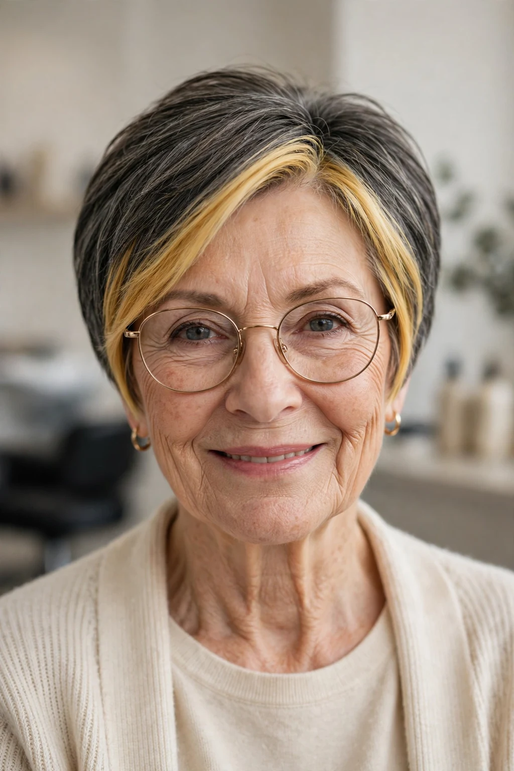 Elegant woman over 70 with glasses and short hair with money piece, bright face-framing color, radiant light.