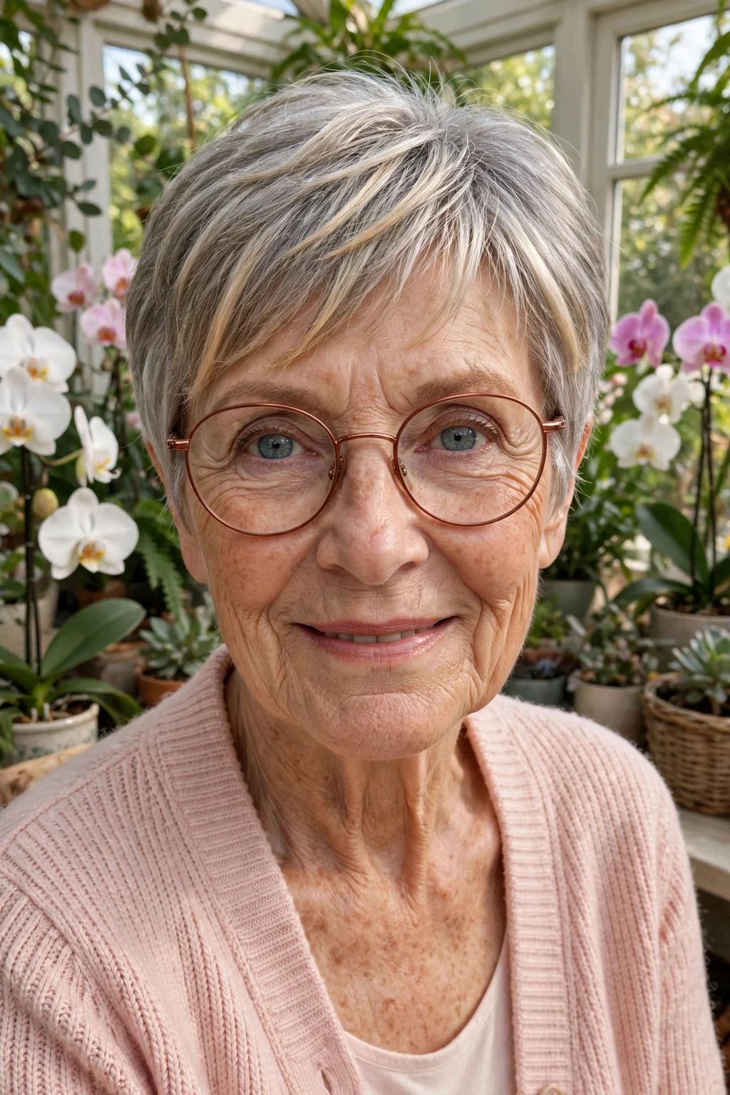 Elegant older woman over 70 with fine hair and glasses and short hair with money piece, bright face-framing color, radiant light.
