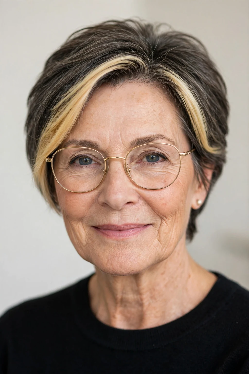 Elegant older woman with glasses and short hair with money piece, bright face-framing color, radiant light.