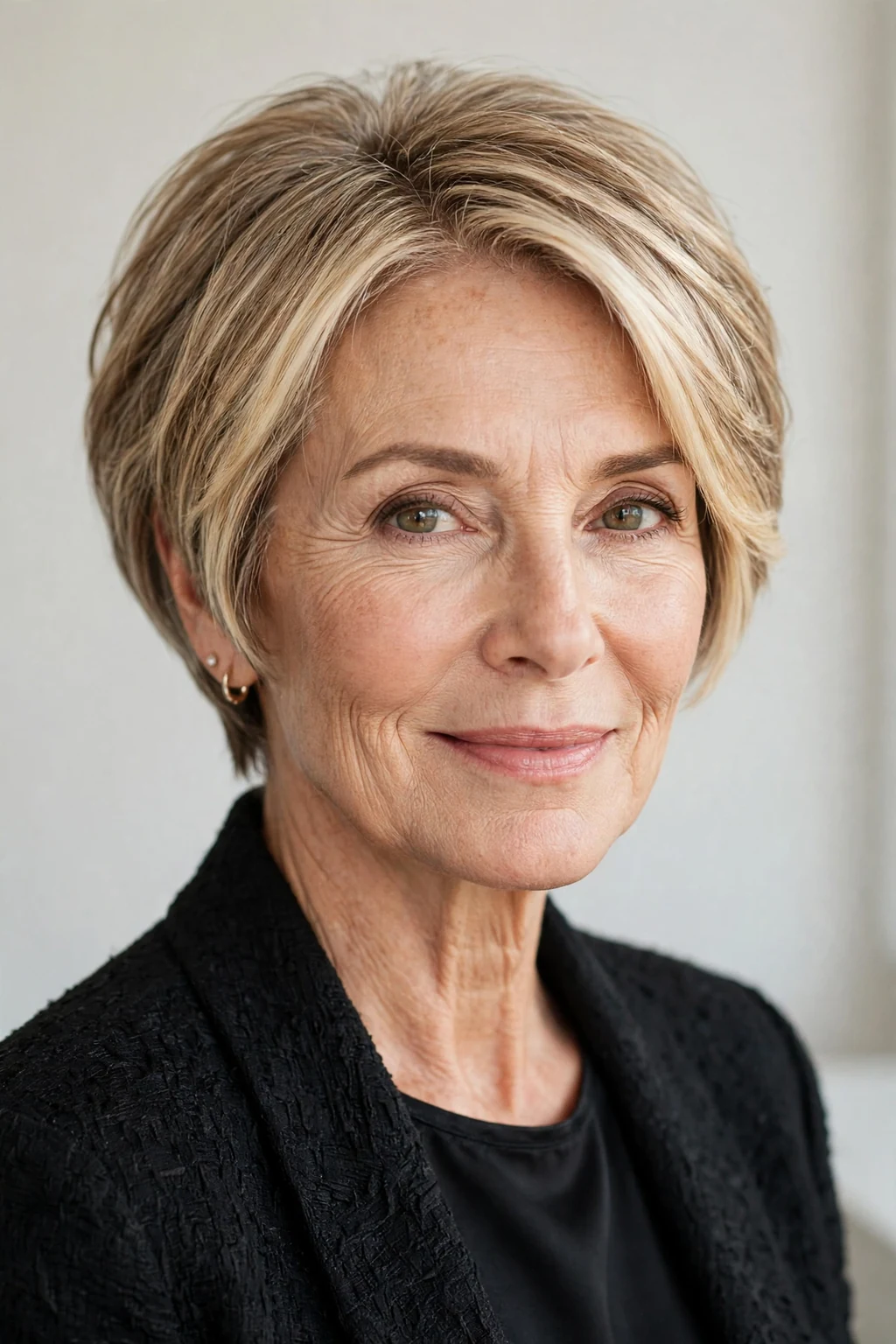 Elegant older woman over 50 with short hair with money piece, bright face-framing color, radiant light.