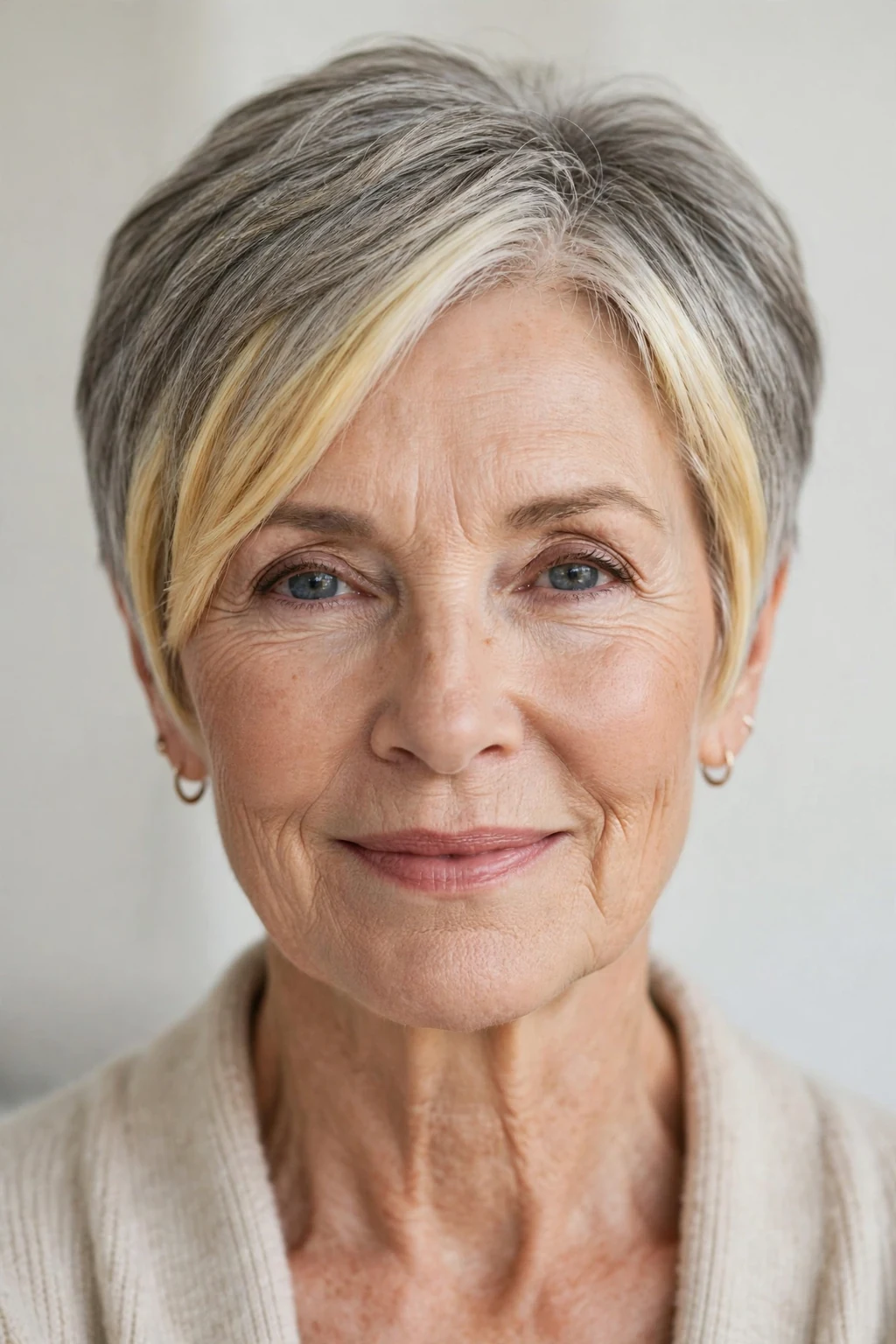 Elegant older woman over 60 with short hair with money piece, bright face-framing color, radiant light.