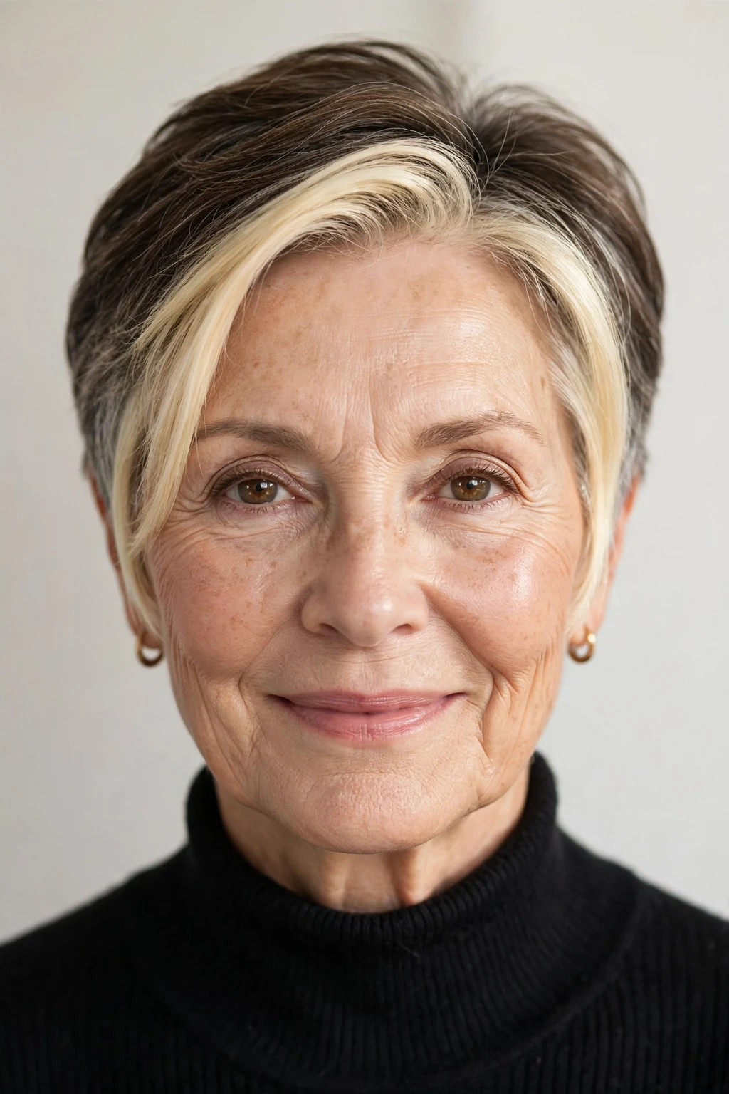 Elegant older woman with short hair with money piece, bright face-framing color, radiant light.