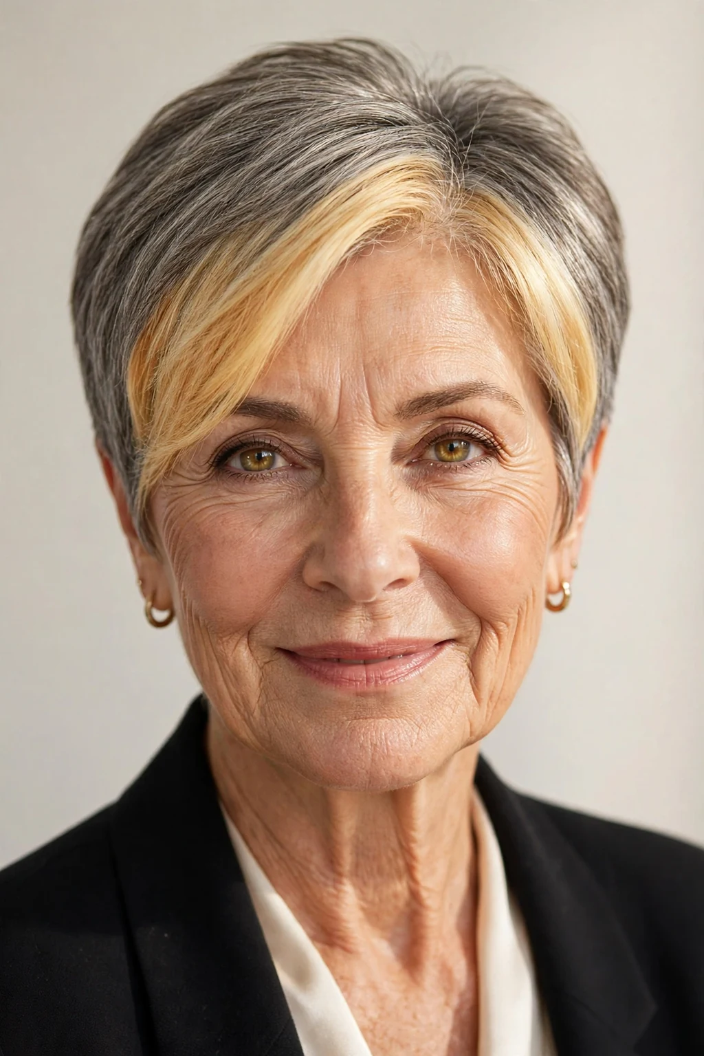Elegant woman over 60 with short hair with money piece, bright face-framing color, radiant light.