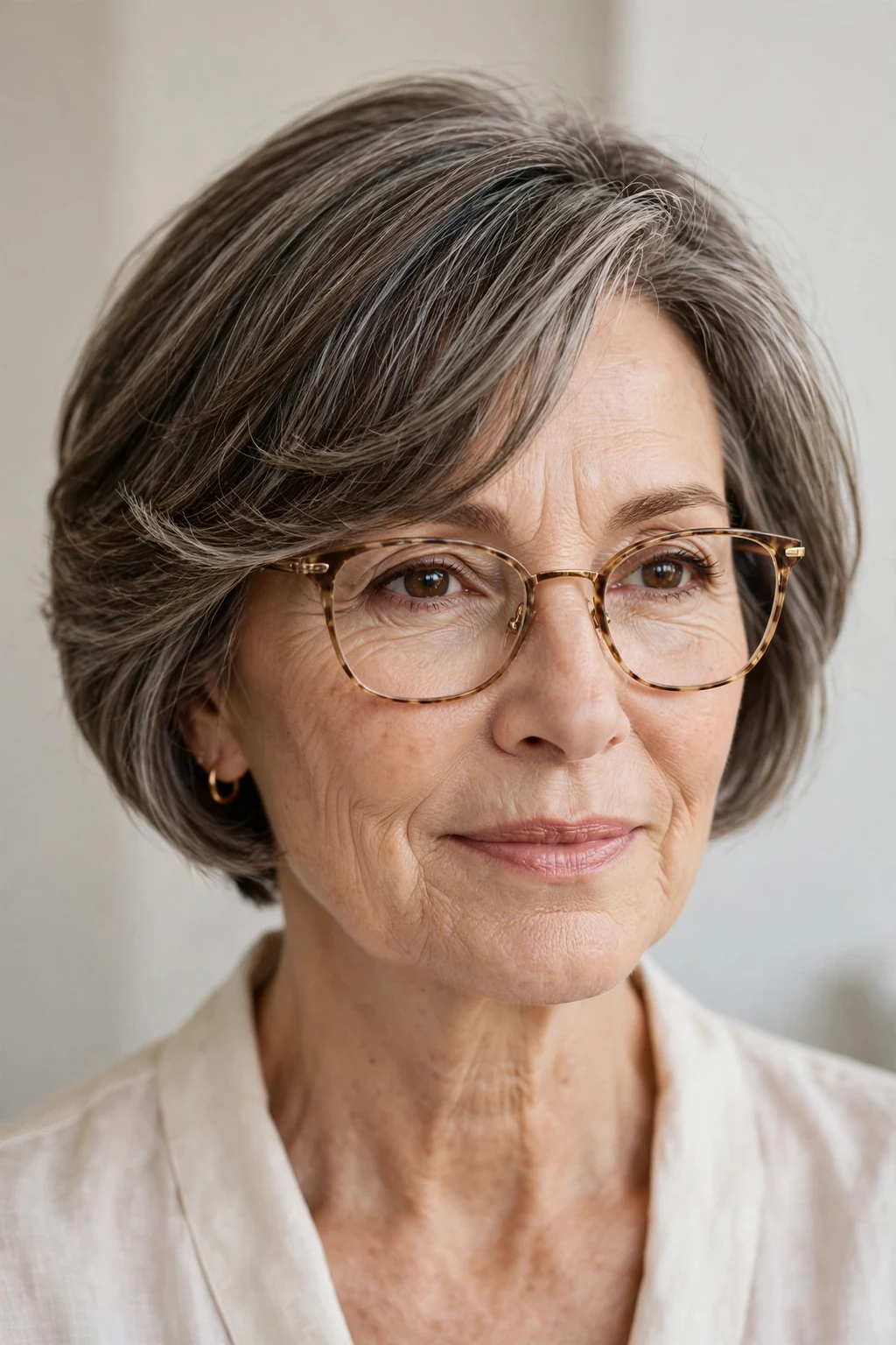 Elegant woman over 50 with glasses and short hair with side sweep, graceful flowing fringe, flattering light.