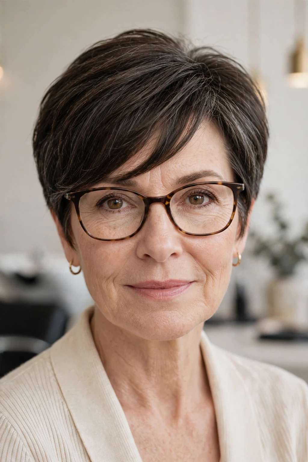 Elegant woman over 50 with glasses and short cut with side-swept bangs, graceful diagonal fringe, chic light.