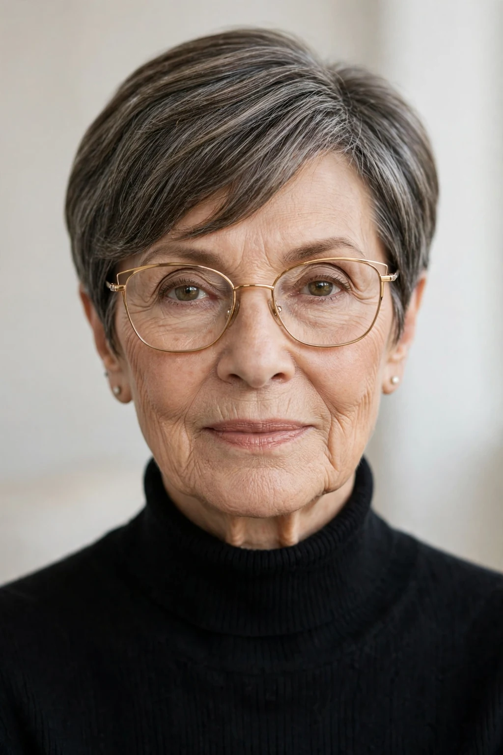 Elegant woman over 60 with glasses and short cut with side-swept bangs, graceful diagonal fringe, chic light.
