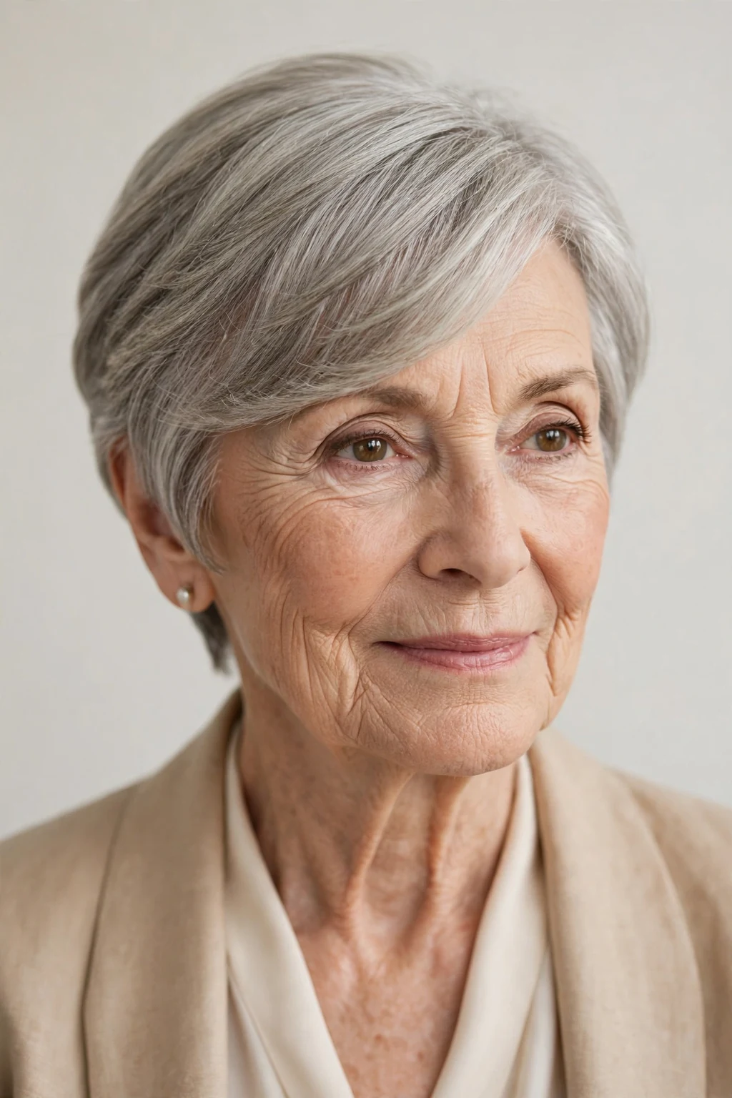 Elegant woman over 70 with short cut and side-swept bangs, graceful diagonal fringe, chic light.