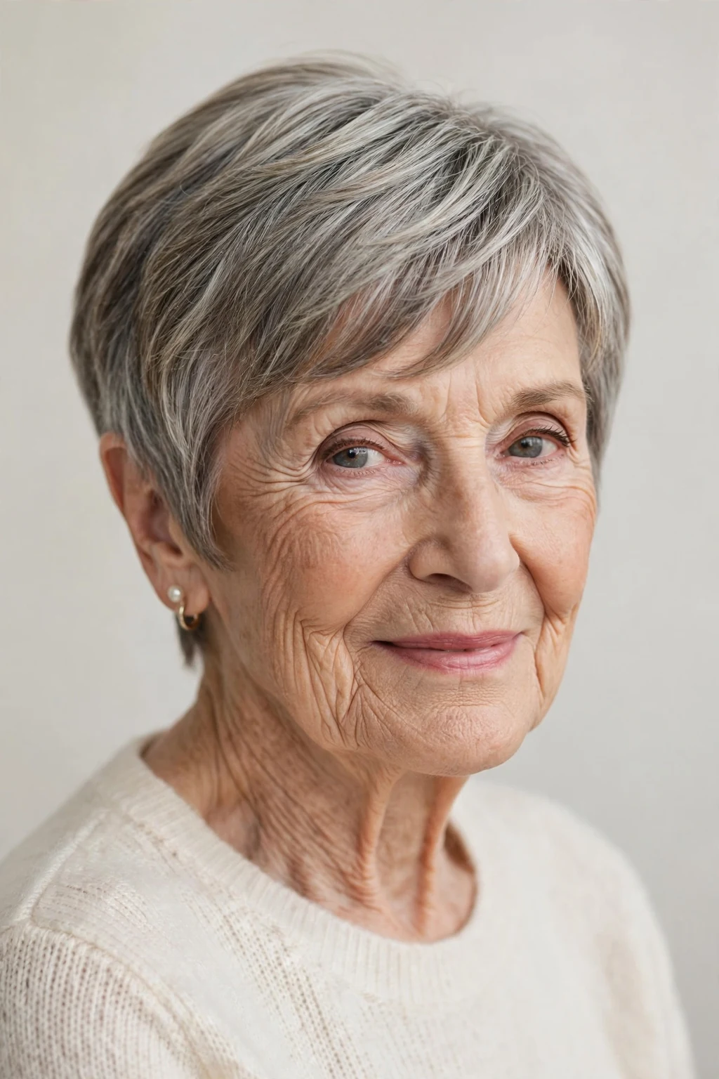Elegant woman over 80 with short cut and side-swept bangs, graceful diagonal fringe, chic light.