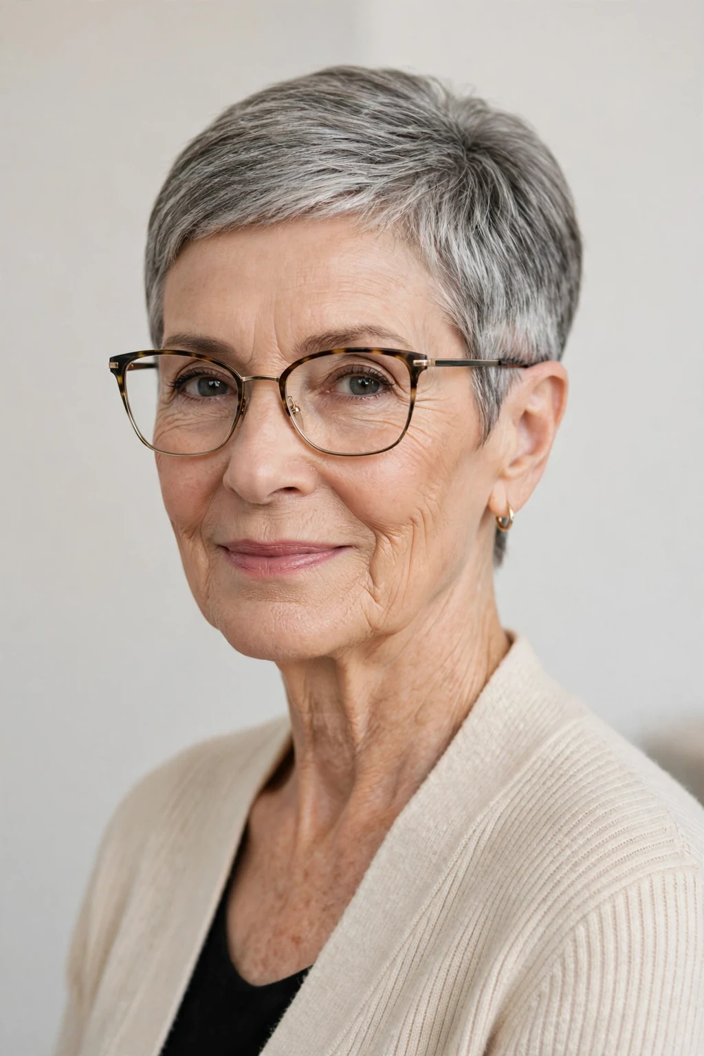 Elegant woman over 60 with glasses and short cut with tapered nape, clean graduated back, precise light.