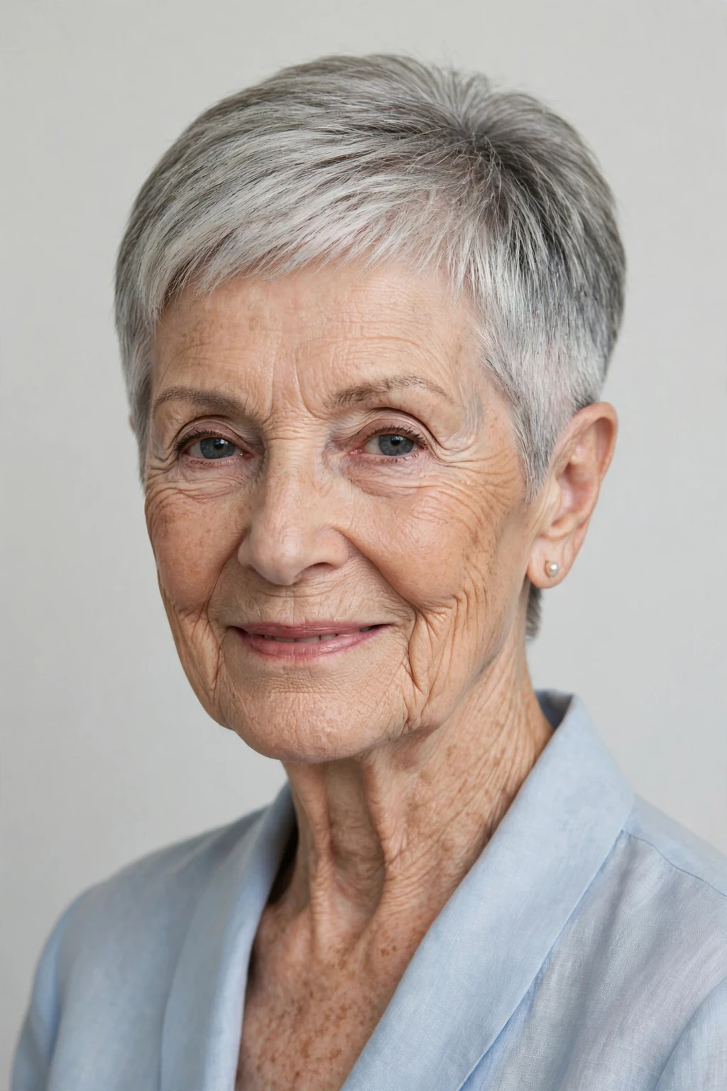 Elegant woman over 80 with short cut and tapered nape, clean graduated back, precise light.