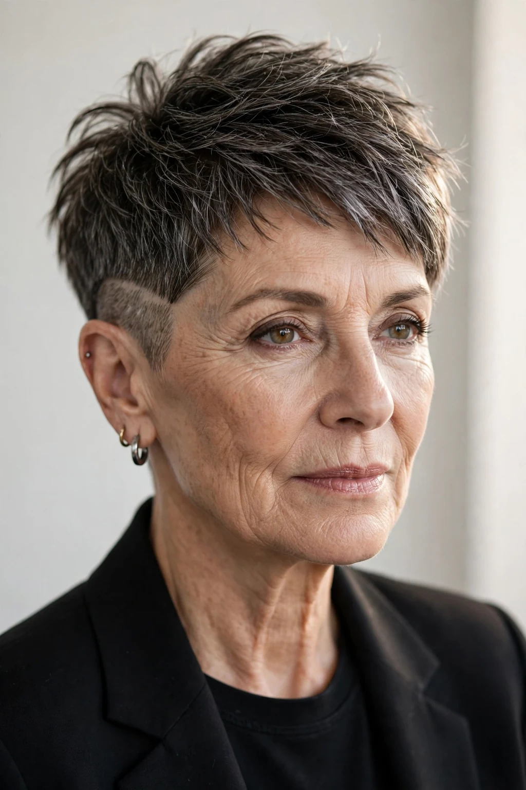 Elegant woman over 50 with short hair with undercut, modern edgy detail, bold light.