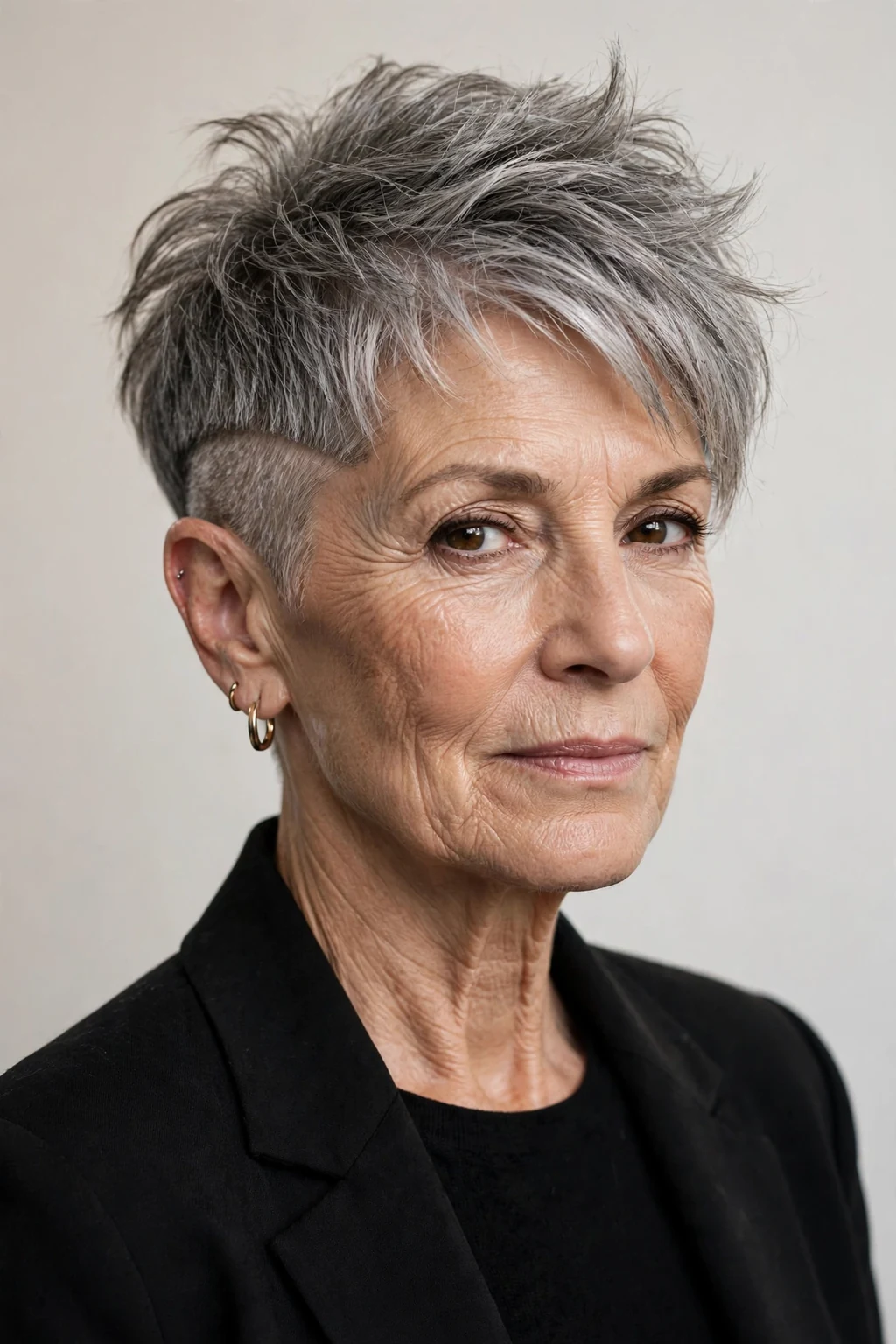 Elegant woman over 60 with short hair with undercut, modern edgy detail, bold light.