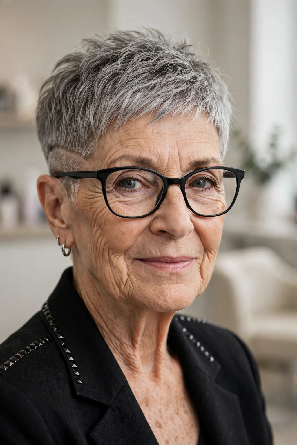 Elegant woman over 70 with glasses and short hair with undercut, modern edgy detail, bold light.