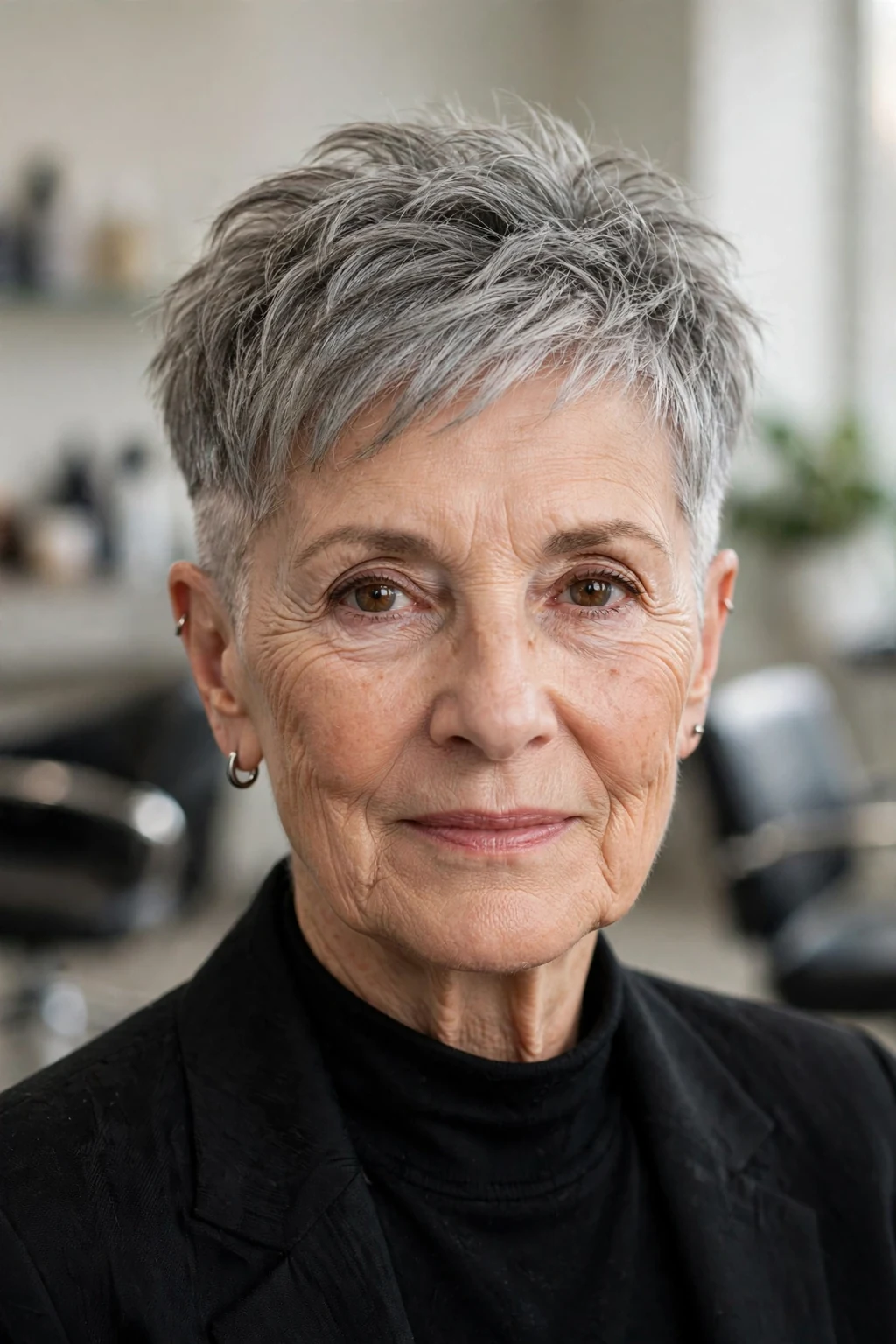 Elegant woman over 70 with short hair with undercut, modern edgy detail, bold light.