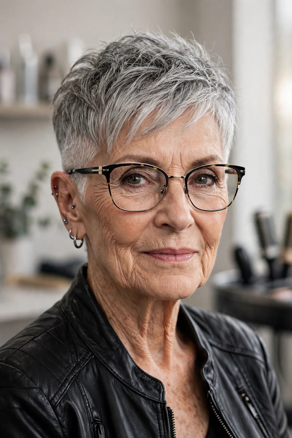 Elegant woman over 80 with glasses and short hair with undercut, modern edgy detail, bold light.