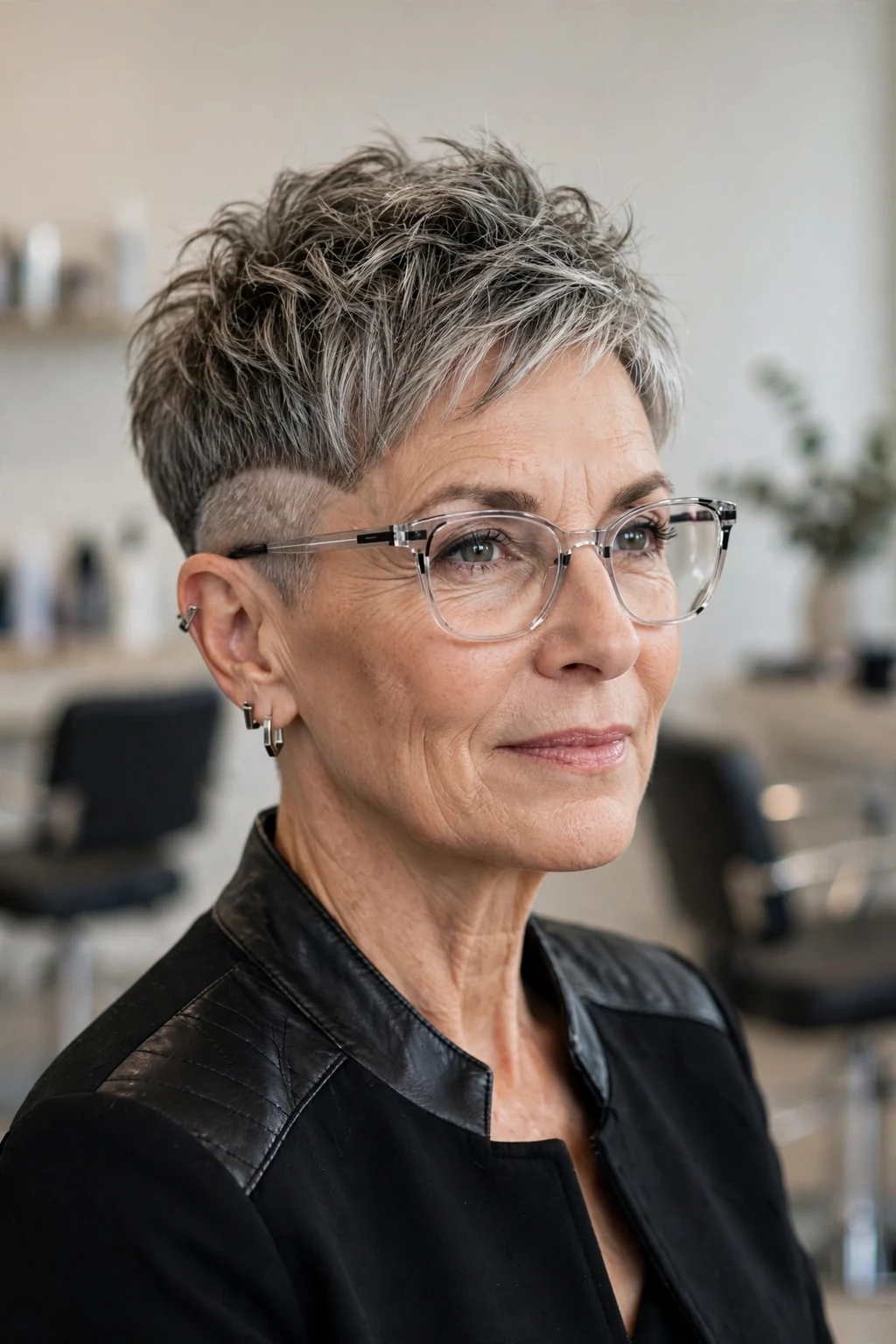 Elegant woman over 50 with glasses and short hair with undercut, modern edgy detail, bold light.