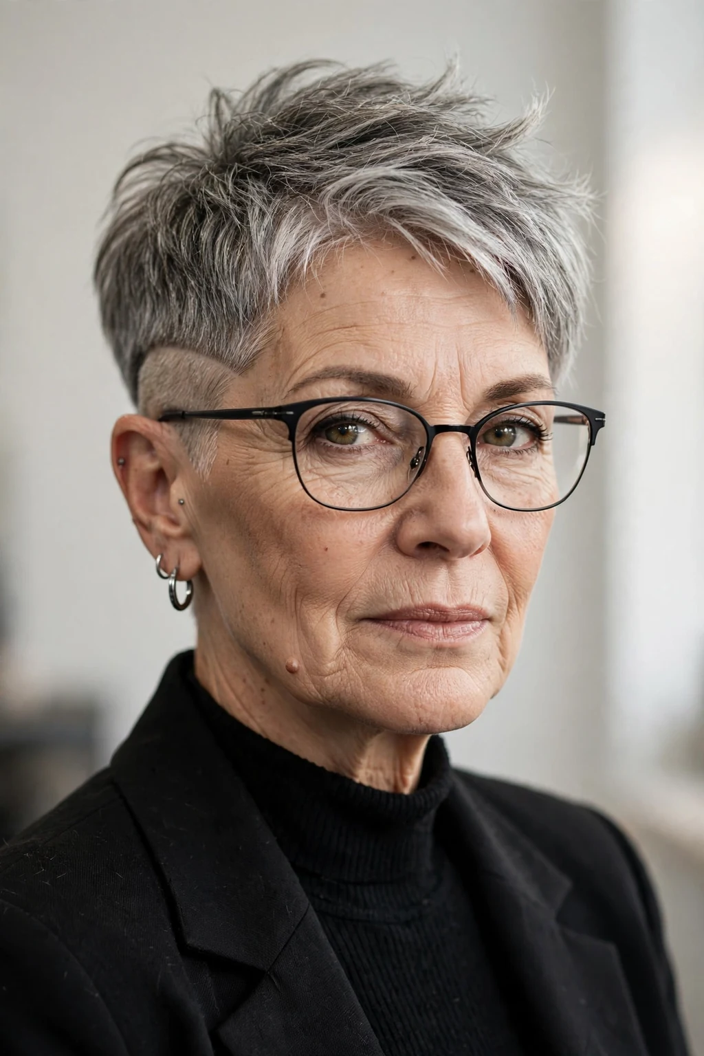 Elegant woman over 60 with glasses and short hair with undercut, modern edgy detail, bold light.