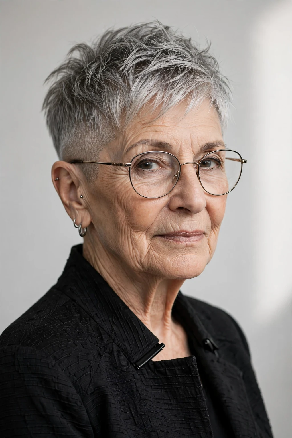 Elegant woman over 70 with glasses and short hair with undercut, modern edgy detail, bold light.