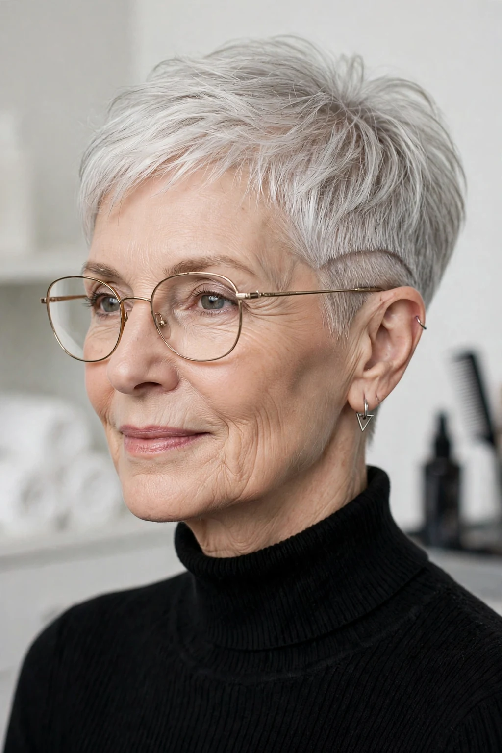 Elegant woman over 60 with fine hair and glasses and short hair with undercut, modern edgy detail, bold light.