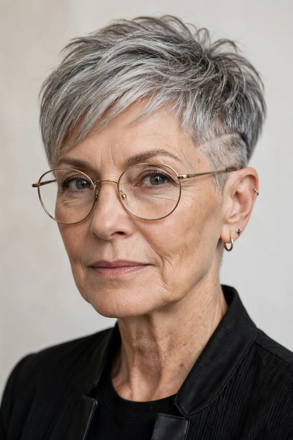 Elegant older woman with glasses and short hair with undercut, modern edgy detail, bold light.
