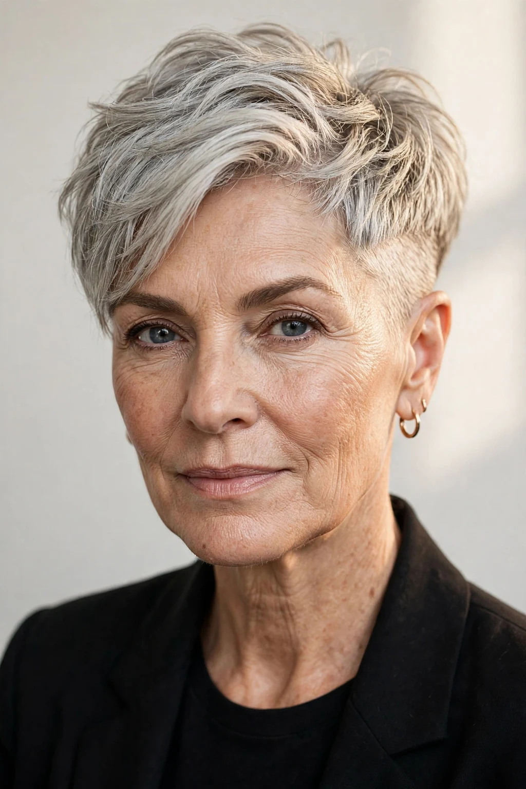 Elegant older woman over 50 with short hair with undercut, modern edgy detail, bold light.