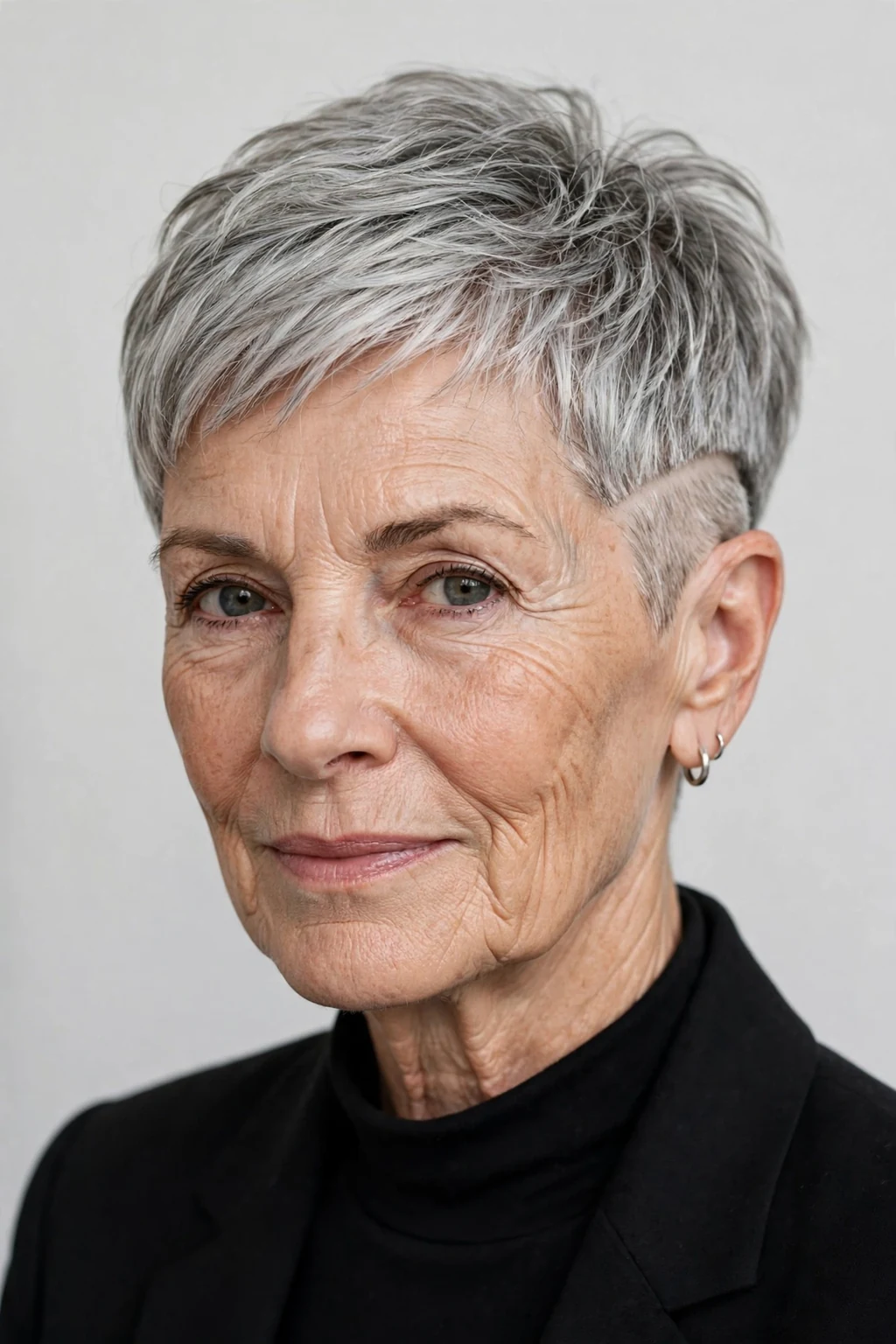 Elegant older woman over 60 with short hair with undercut, modern edgy detail, bold light.