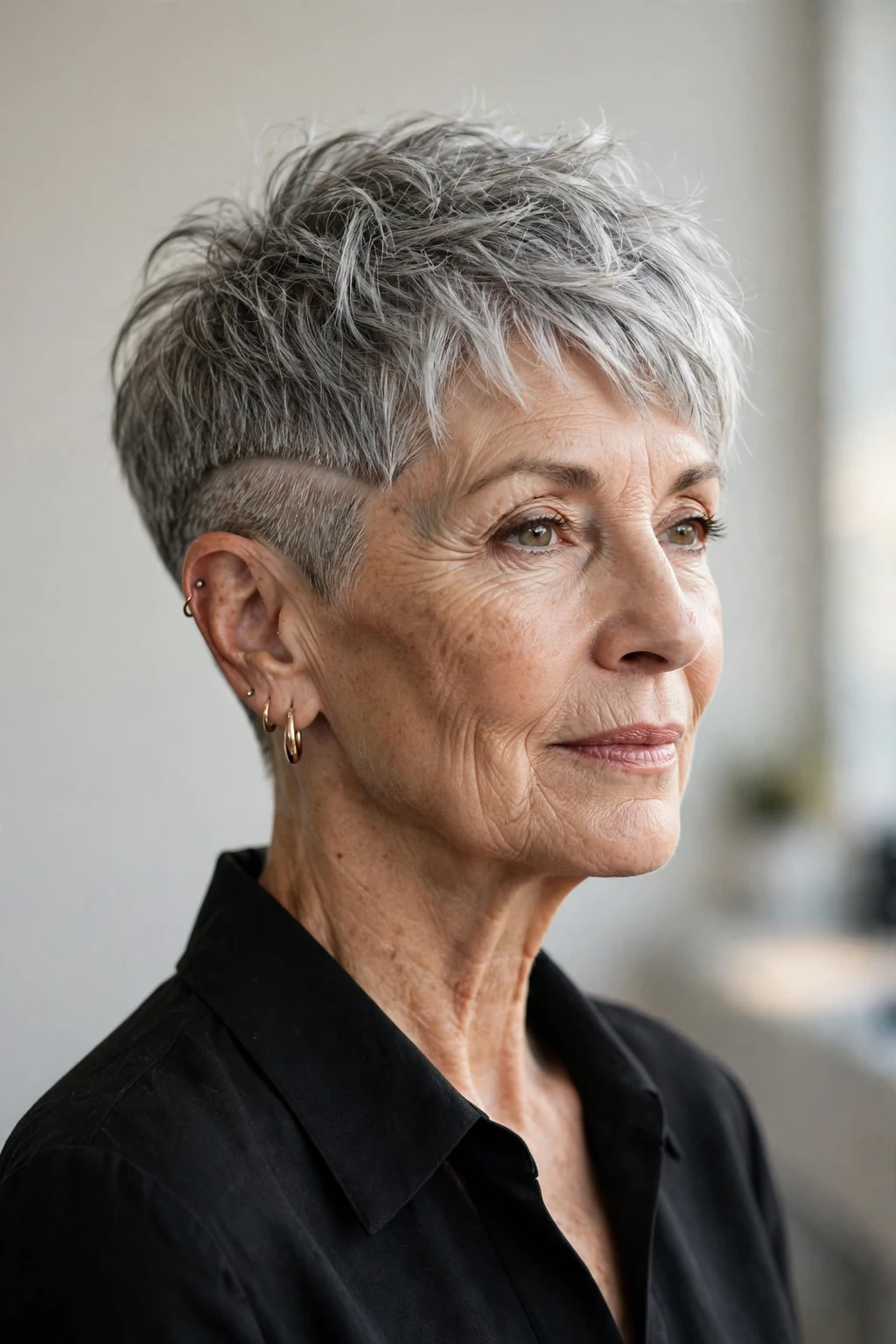 Elegant older woman with short hair with undercut, modern edgy detail, bold light.