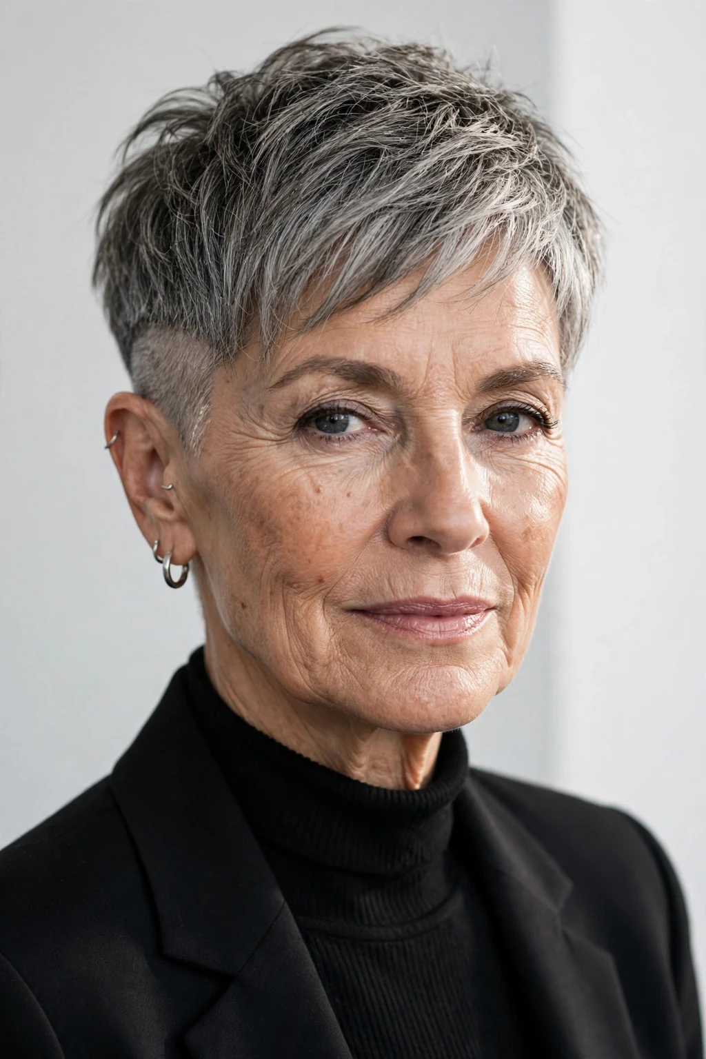 Elegant woman over 60 with short hair with undercut, modern edgy detail, bold light.