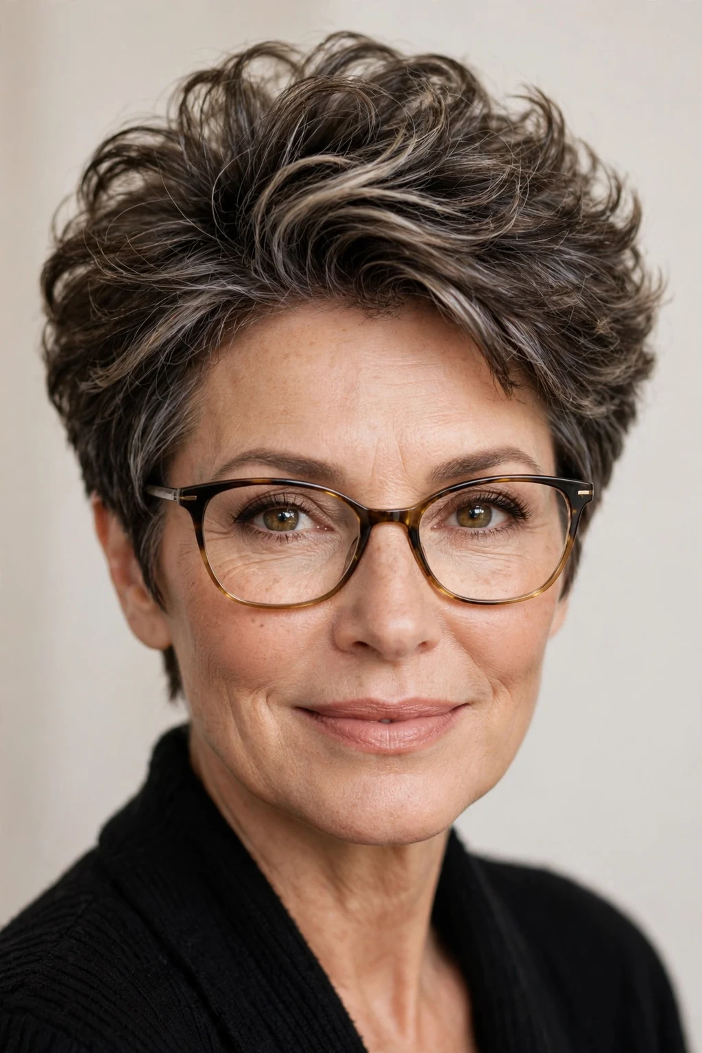 Elegant woman over 50 with glasses and short cut with voluminous crown, lifted bouncy top, glamorous light.
