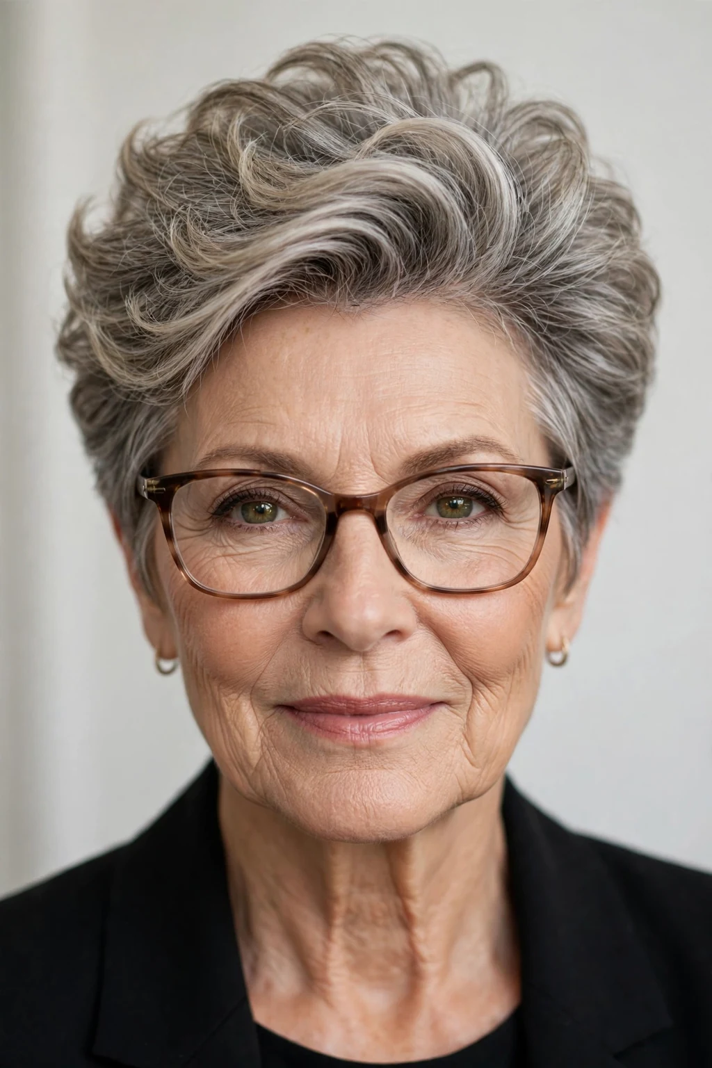 Elegant woman over 60 with glasses and short cut with voluminous crown, lifted bouncy top, glamorous light.