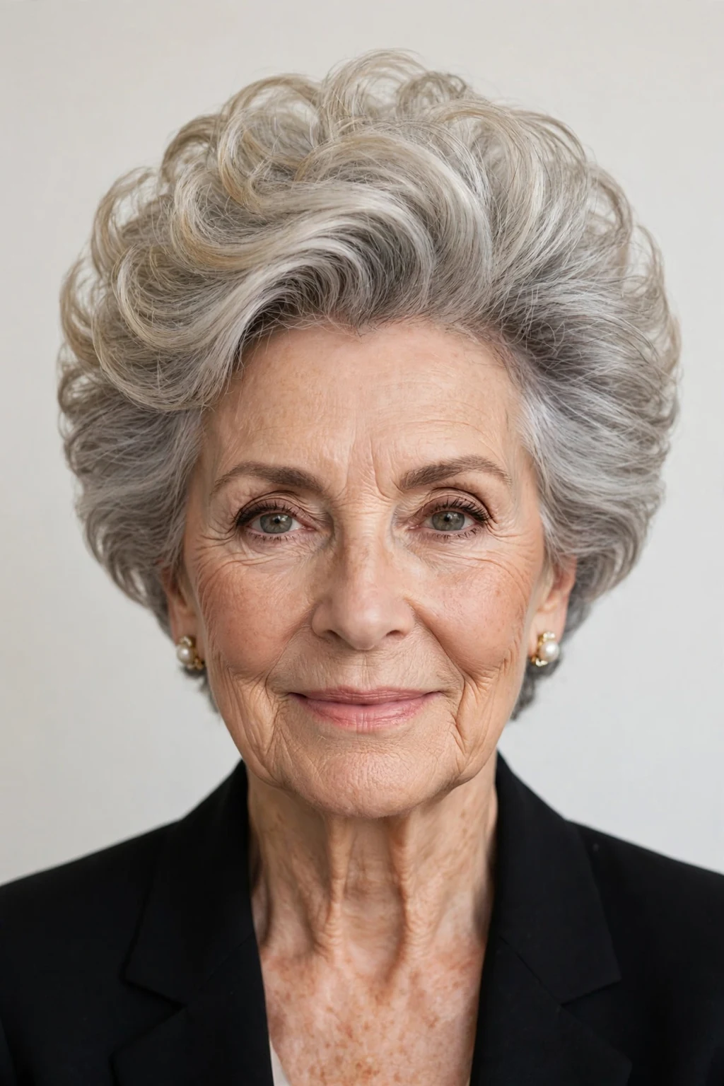 Elegant woman over 60 with short hair with volume crown, lifted bouncy top, glamorous light.