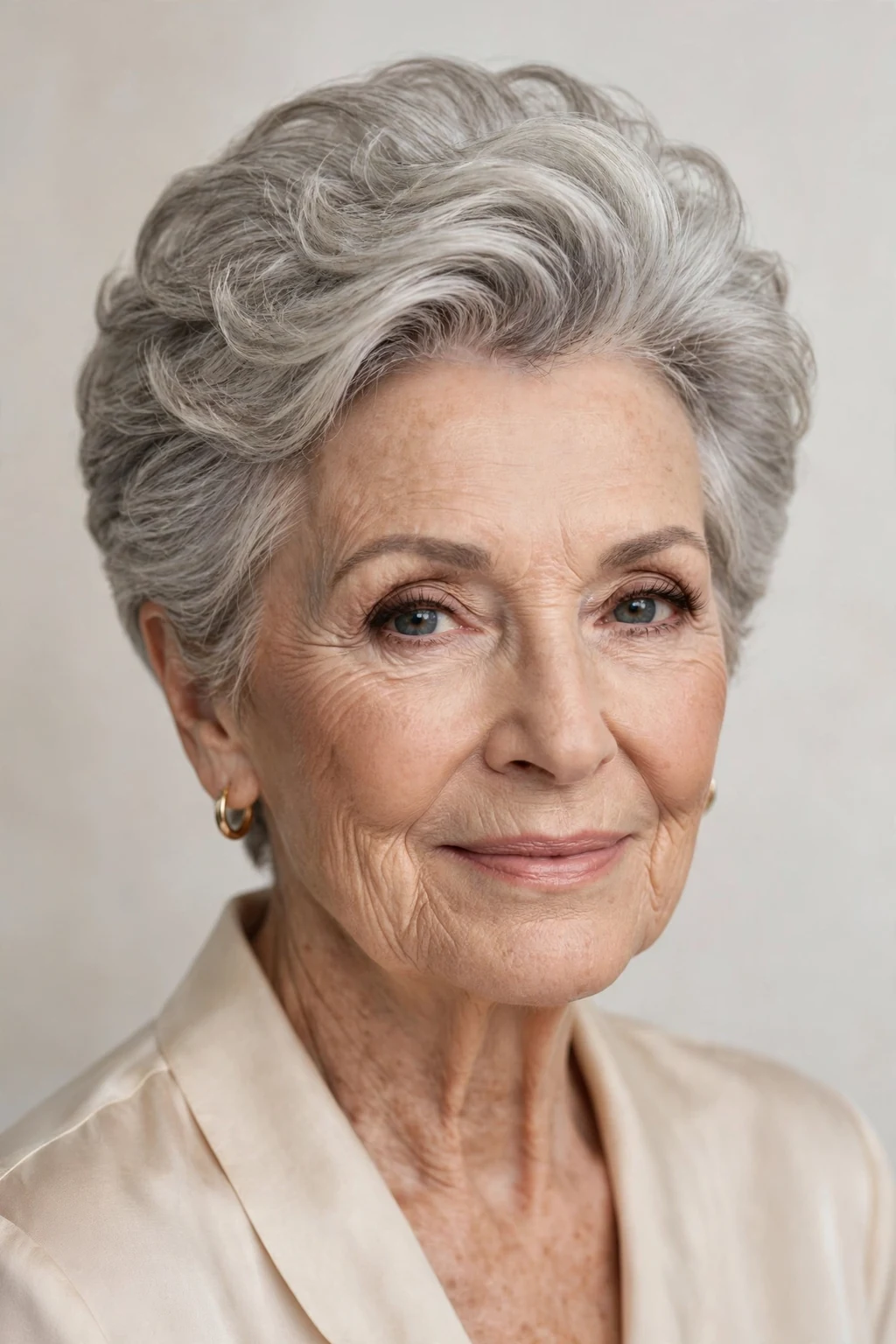 Elegant woman over 70 with short hair with volume crown, lifted soft top, glamorous light.