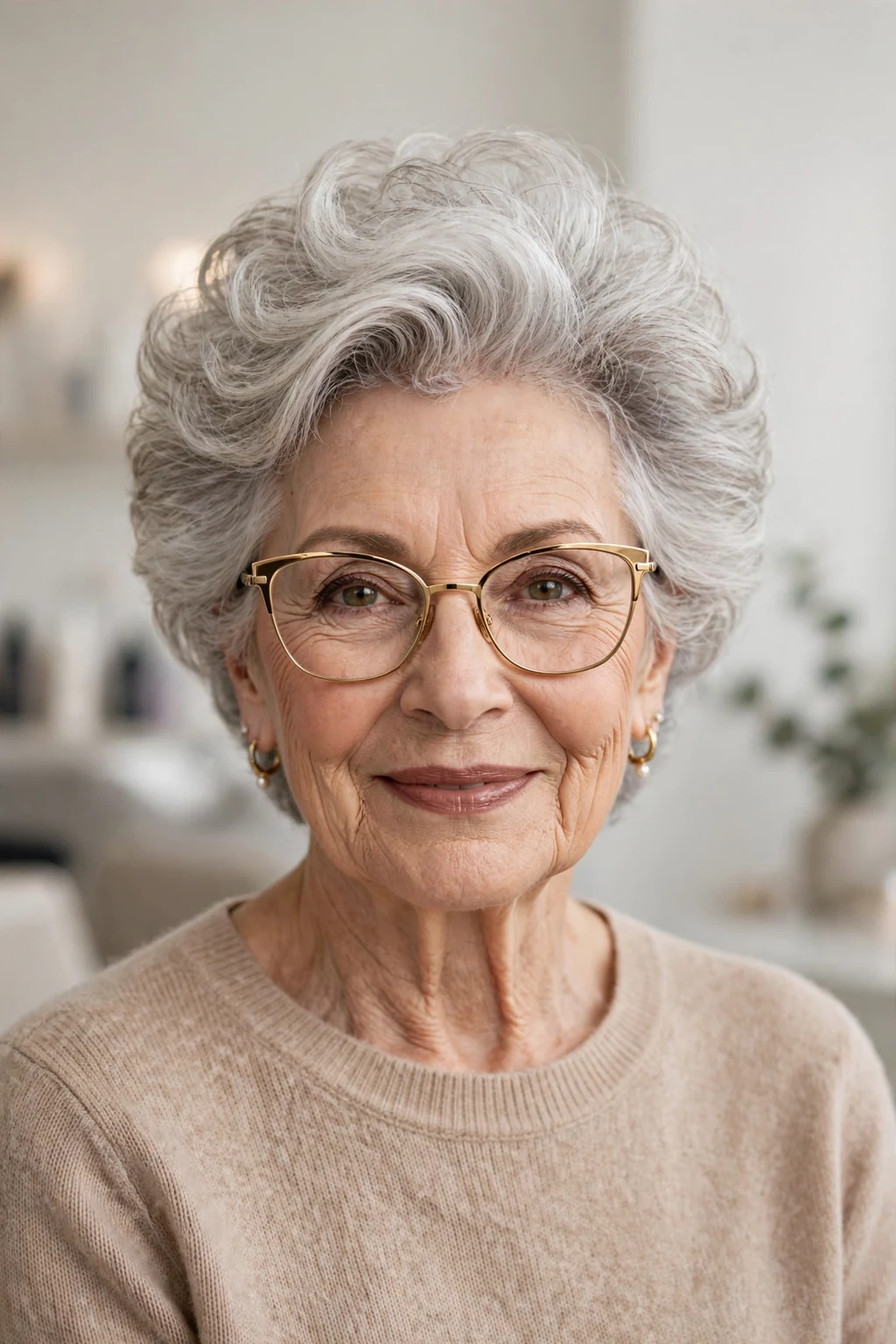 Elegant woman over 70 with glasses and short hair with volume crown, lifted bouncy top, glamorous light.