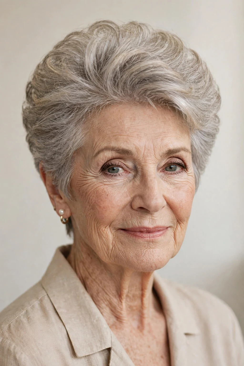 Elegant woman over 70 with voluminous crown short cut, lifted bouncy top, glamorous light.