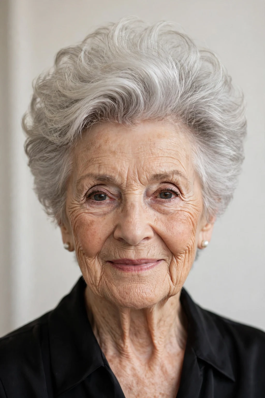 Elegant woman over 80 with short hair with volume crown, lifted soft top, glamorous light.