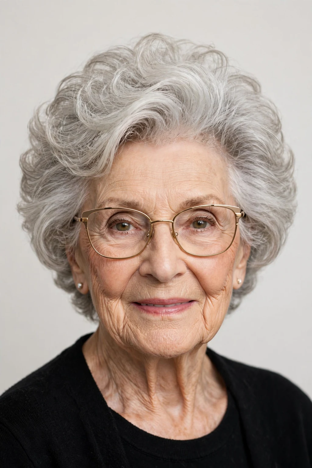 Elegant woman over 80 with glasses and short hair with volume crown, lifted bouncy top, glamorous light.