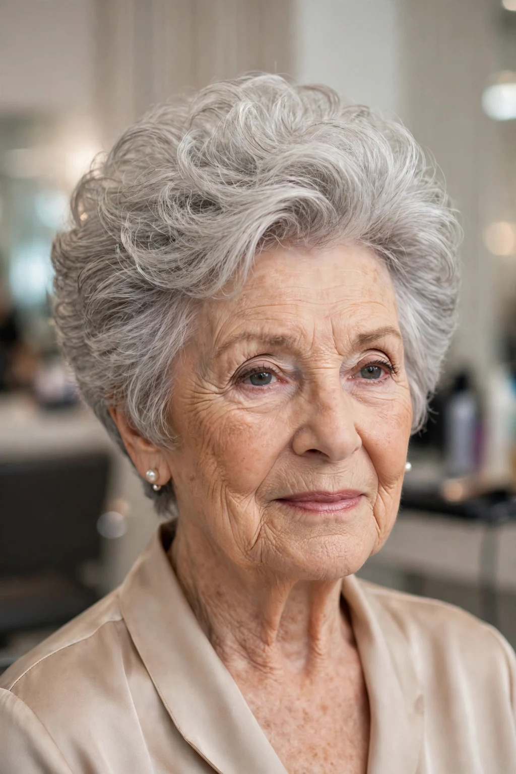 Elegant woman over 80 with short cut and voluminous crown, lifted bouncy top, glamorous light.